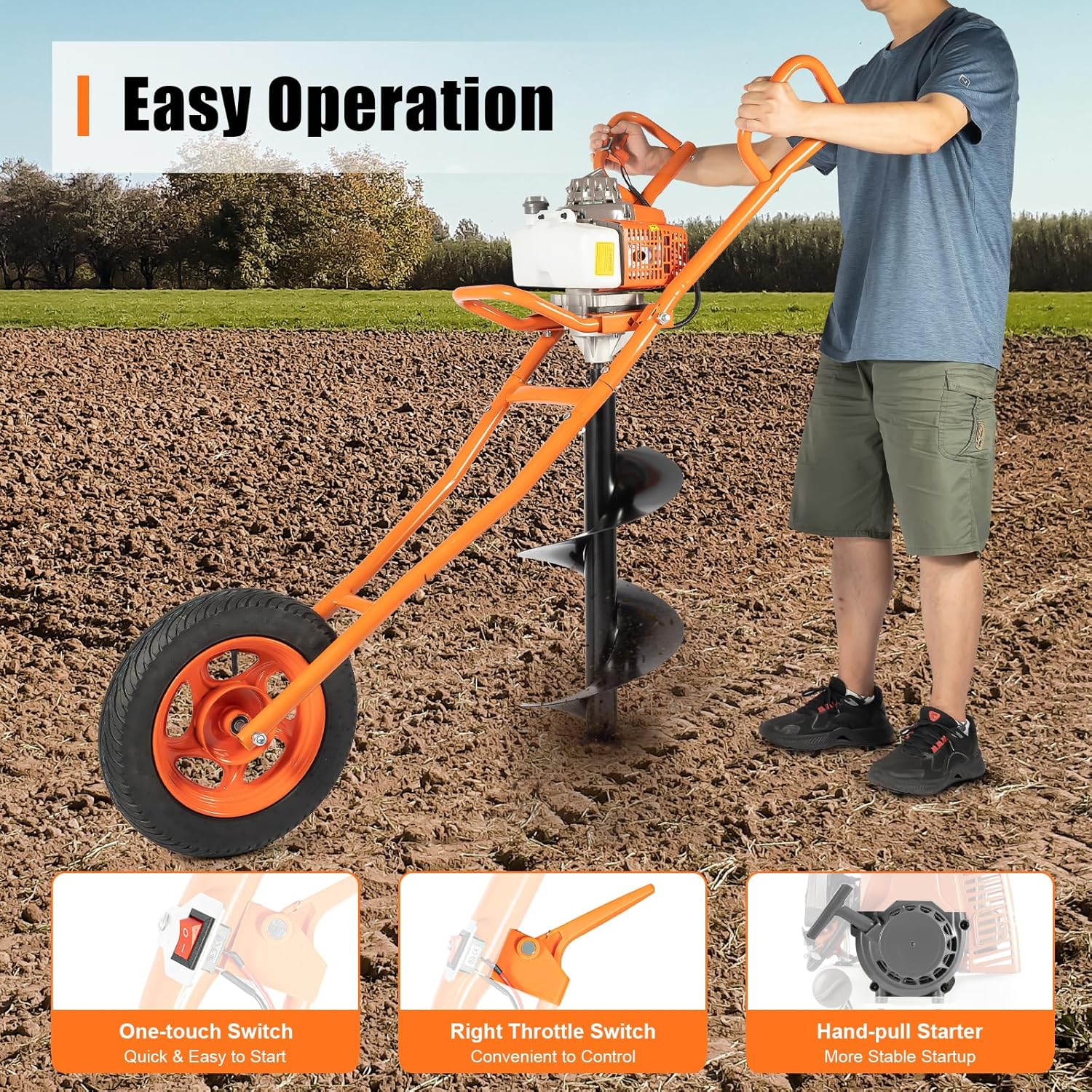 63CC 3HP Post Hole Digger 2-Stroke Gas Powered Earth Auger Borer Ground Drill Gasoline Earth Auger Wheelbarrow, Ground Fence Post Digging Machine Hole Digger with Drill Bit for Garden Tree Planting