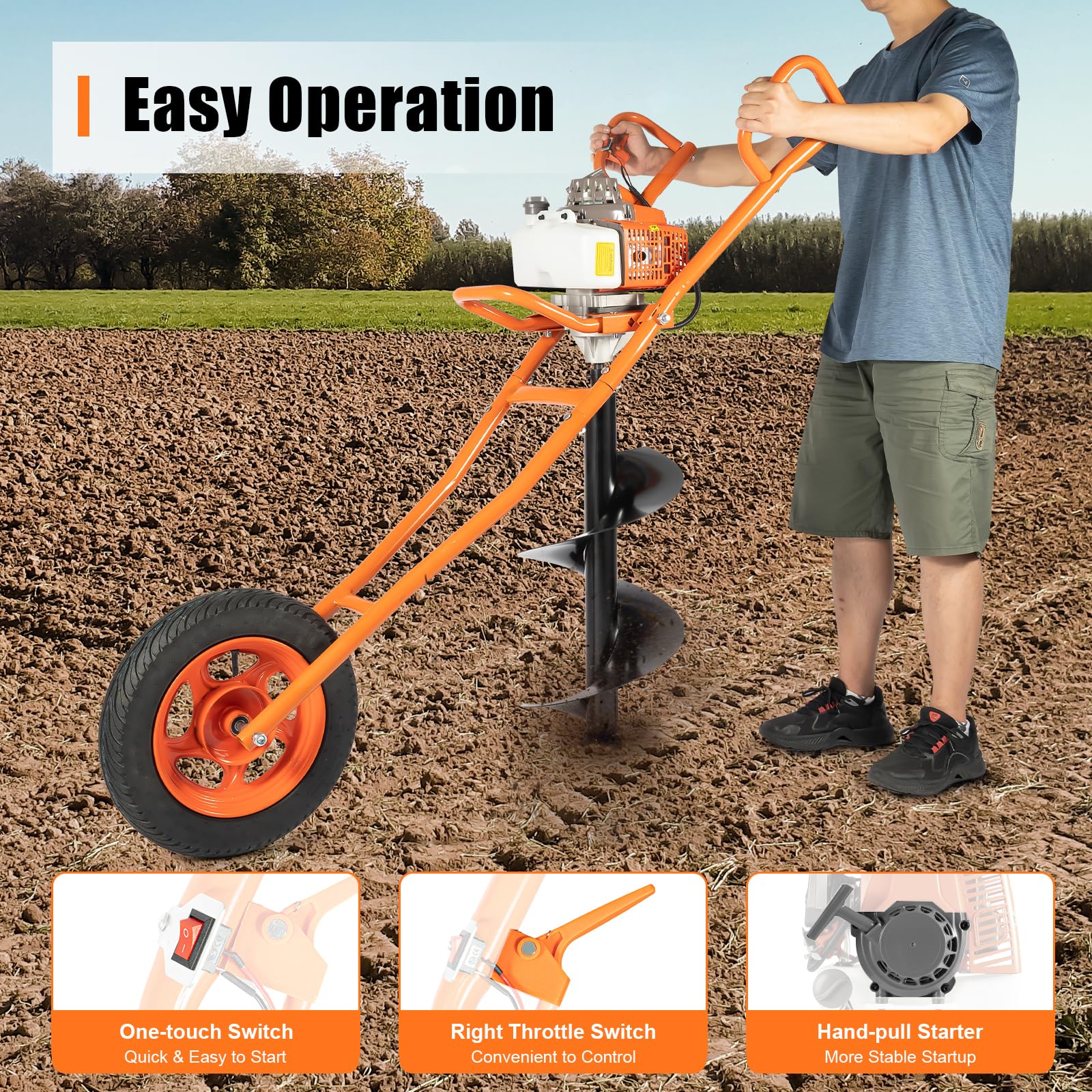 63 CC Benzin Erdbohrer Erdlochbohr, 2-Takt Pfahlbohrer Erdbohrgerät mit Schubkarre, Earth Auger Fence Post Ground Hole Borrer Digger