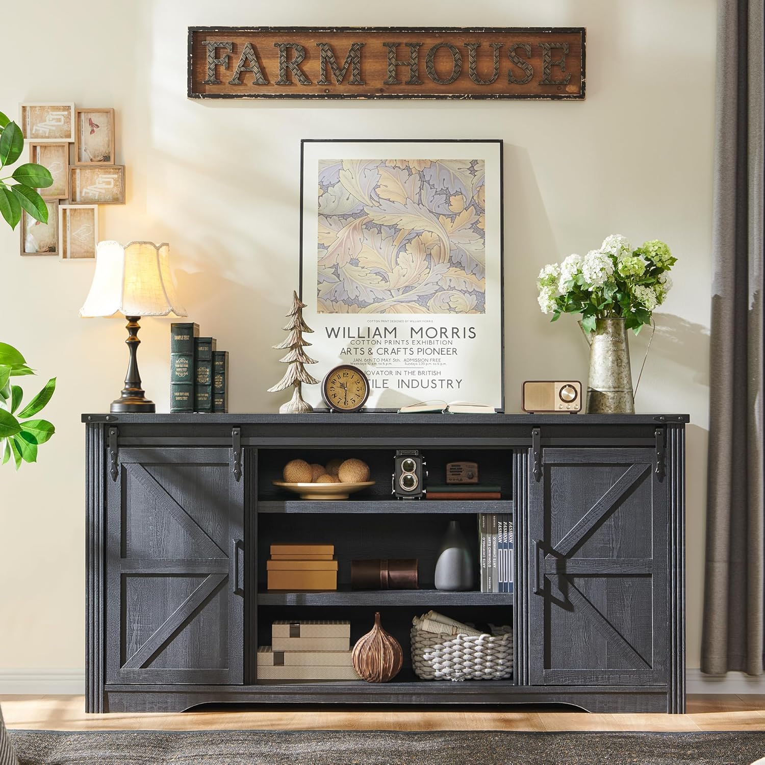 JXQTLINGMU Farmhouse TV Stand for 75+ Inch TV, 32" Tall Entertainment Center w/4 Drawers & Sliding Barn Door, Rustic Media Console w/Storage Shelves, 66" Wood Television Stand for Living Room, Black 66"W x 15.5"D x 32"H (Without Fireplace) Black