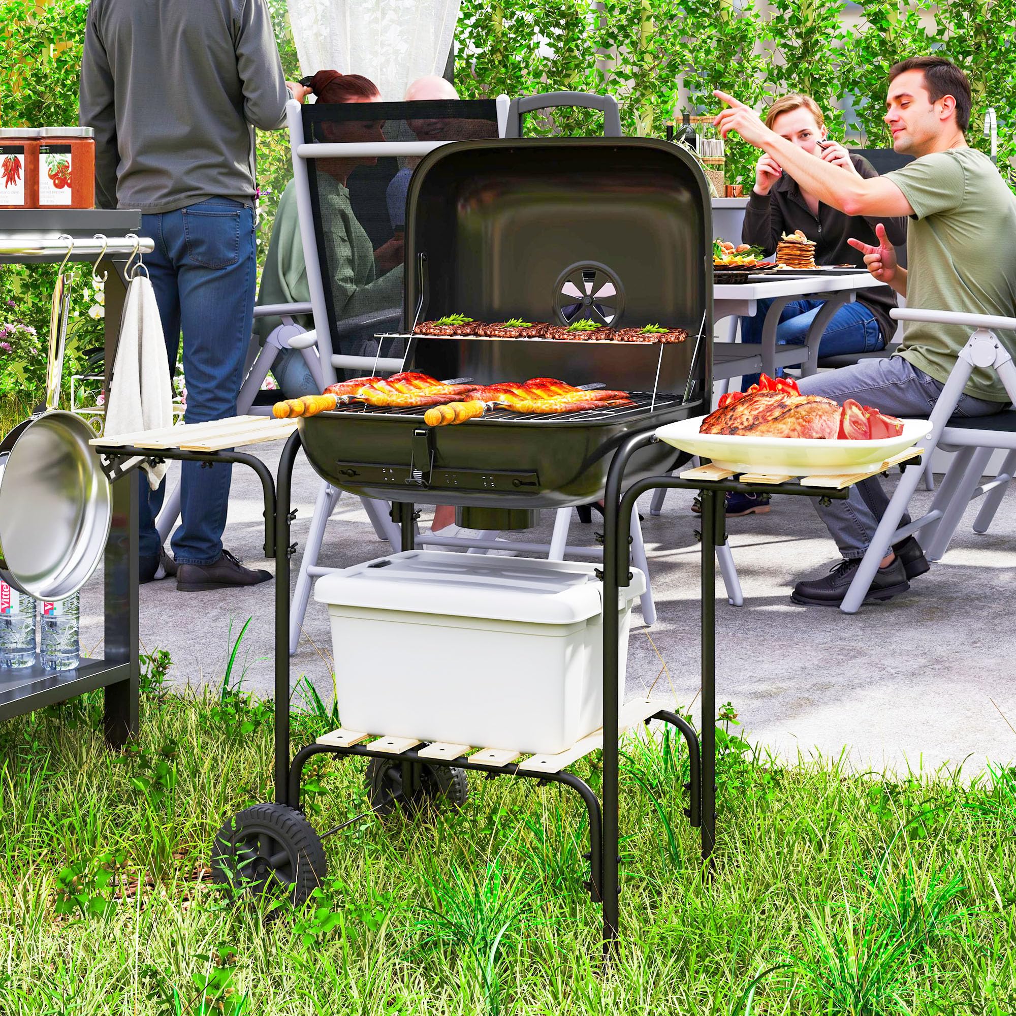 Outsunny Carrello di cottura per barbecue a carbonella con superficie di cottura di 1840 cm², affumicatore portatile per barbecue con griglia, coperchio, ripiani e ruote, per picnic in campeggio, nero