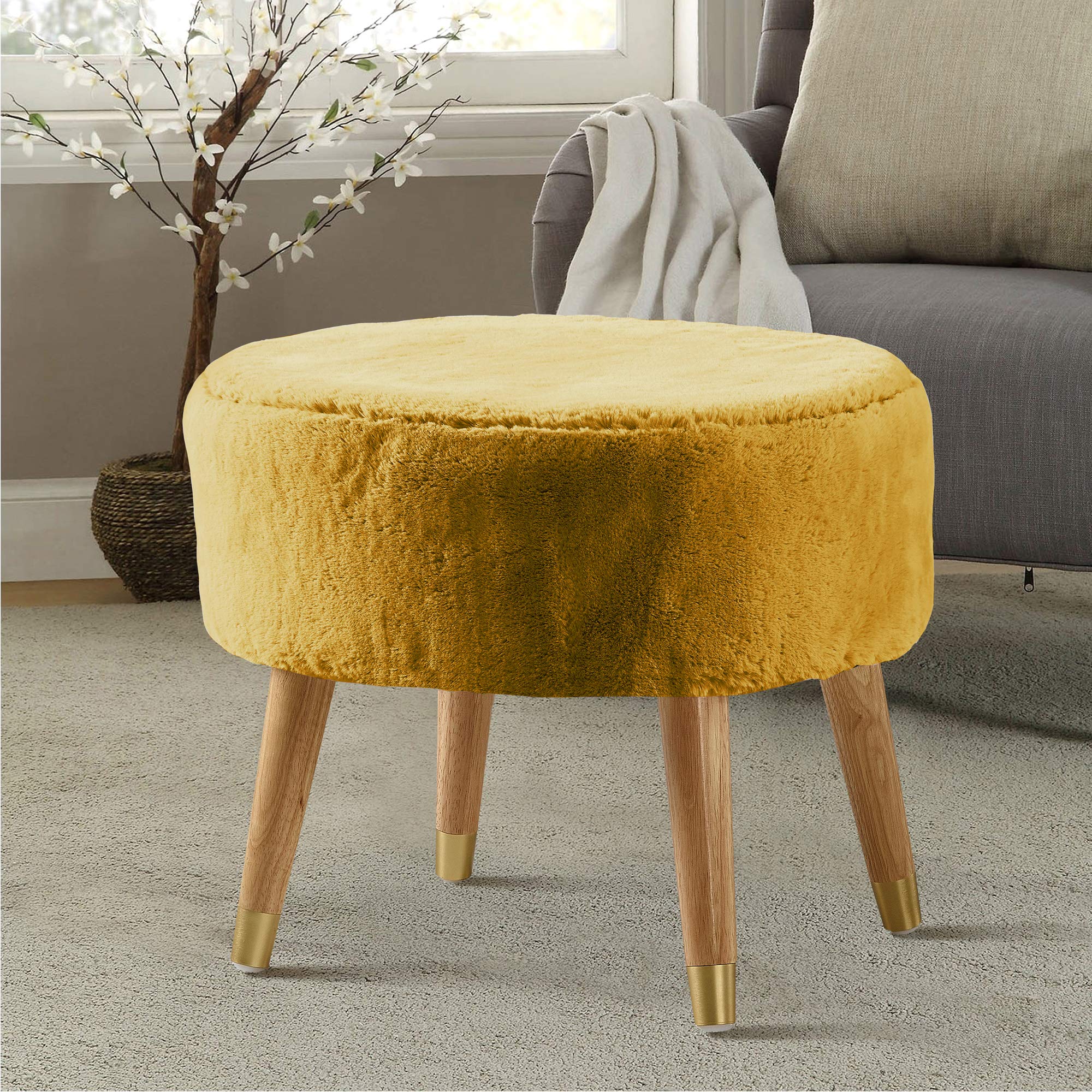 Home Soft Things Yellow Heavy Faux Fur Oval Ottoman, 22'' x 18'' x 18'', Lemon Curry, Super Soft Fuzzy Round Makeup Ottoman Bedroom Foot Rest Stool