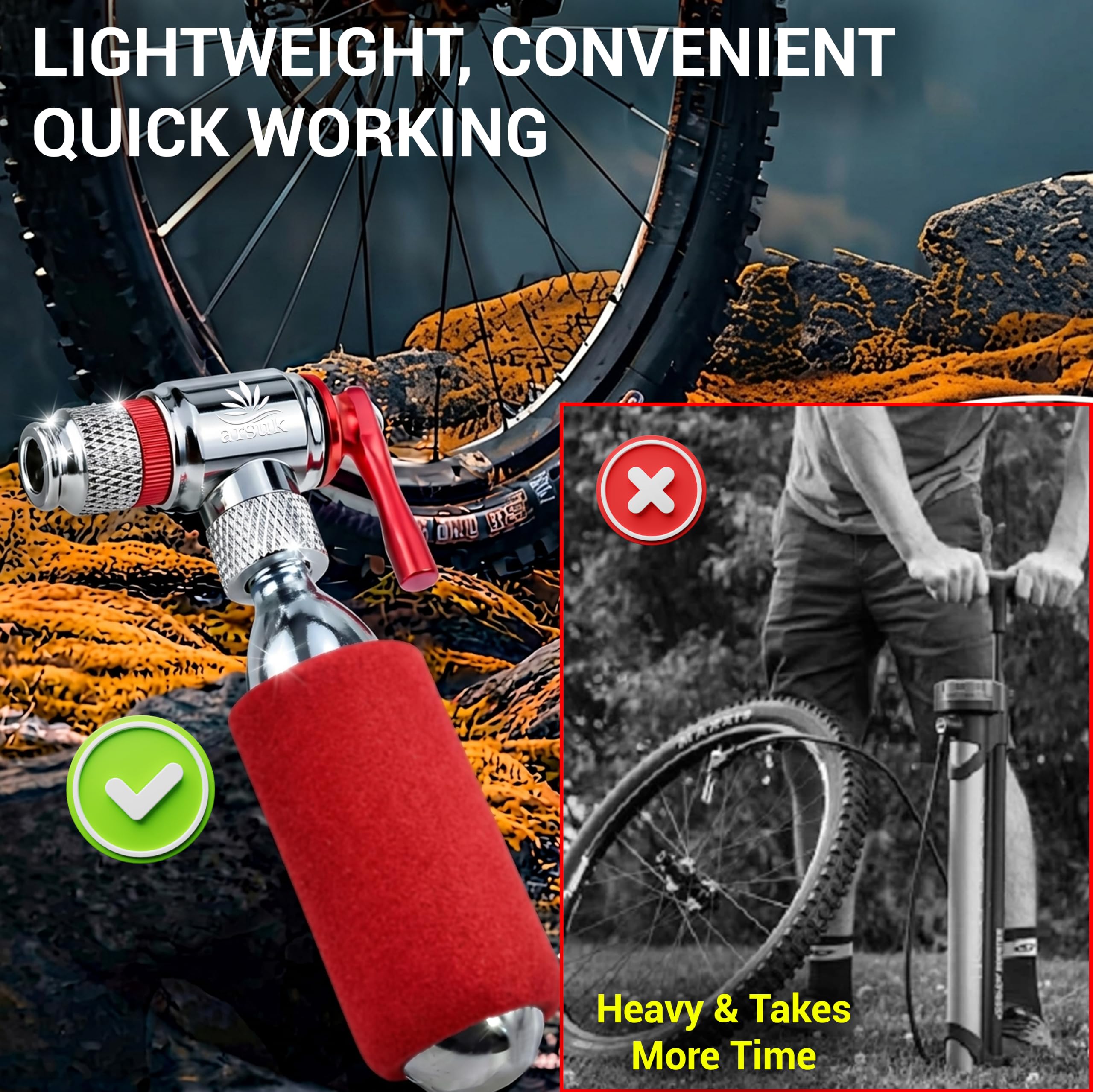 ARSUK Pompka CO2 z izolowaną tuleją, szybka i łatwa, kompatybilna z zaworem Presta i Schrader – pompka rowerowa do rowerów szosowych i górskich