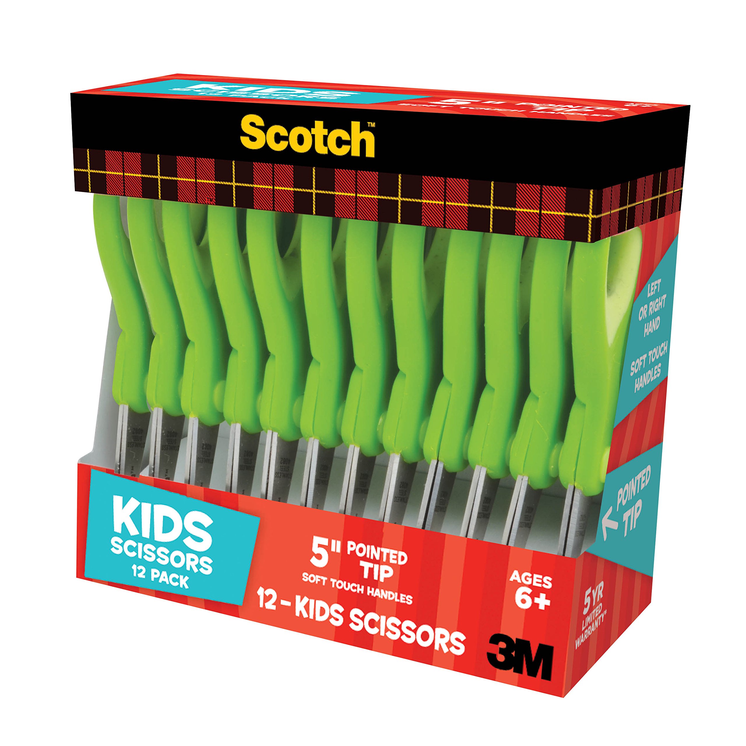 Scotch Lot de 6 paires de ciseaux pointus doux au toucher pour enfant de 12 pièces, vert (1442P-12)