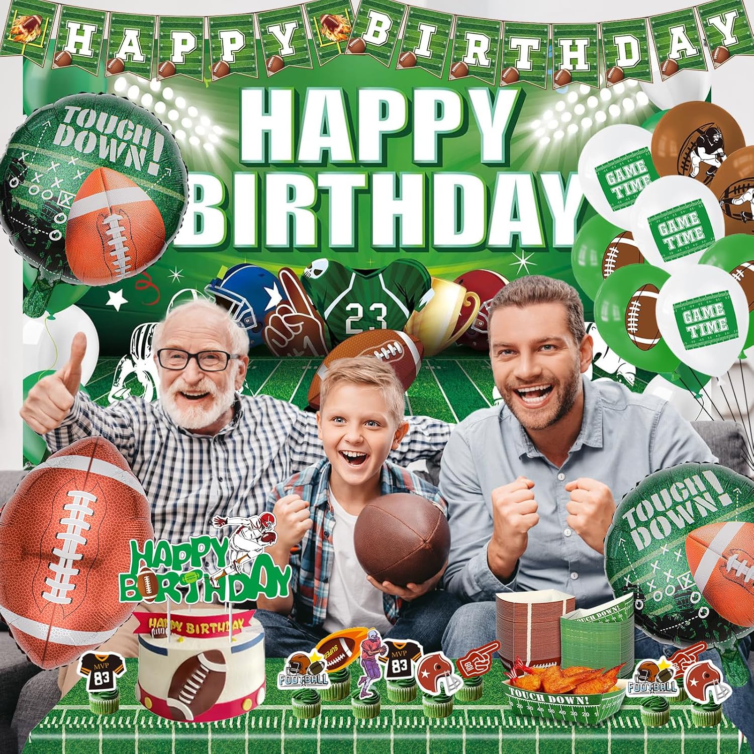 Football Birthday Party Decorations with Balloons Banner Cupcake Toppers Tablecloth & Backdrop and Paper Food Tray for Football Game Day Tailgate Party Decorations - Image 7