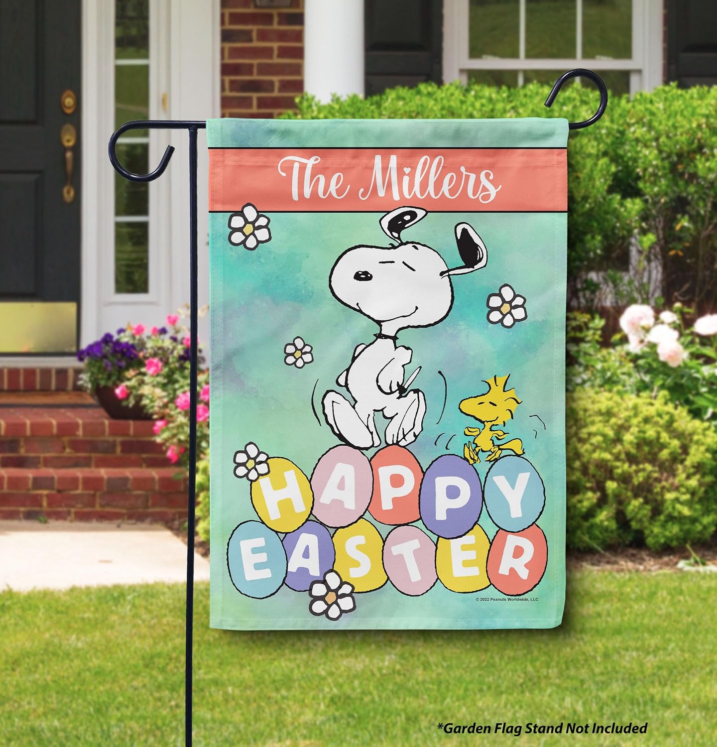 Flagology, PEANUTS Happy Easter Eggs Personalized Garden Flag 12" x 18", Custom Family Name Outdoor Spring Flag, Officially Licensed PEANUTS, Easter