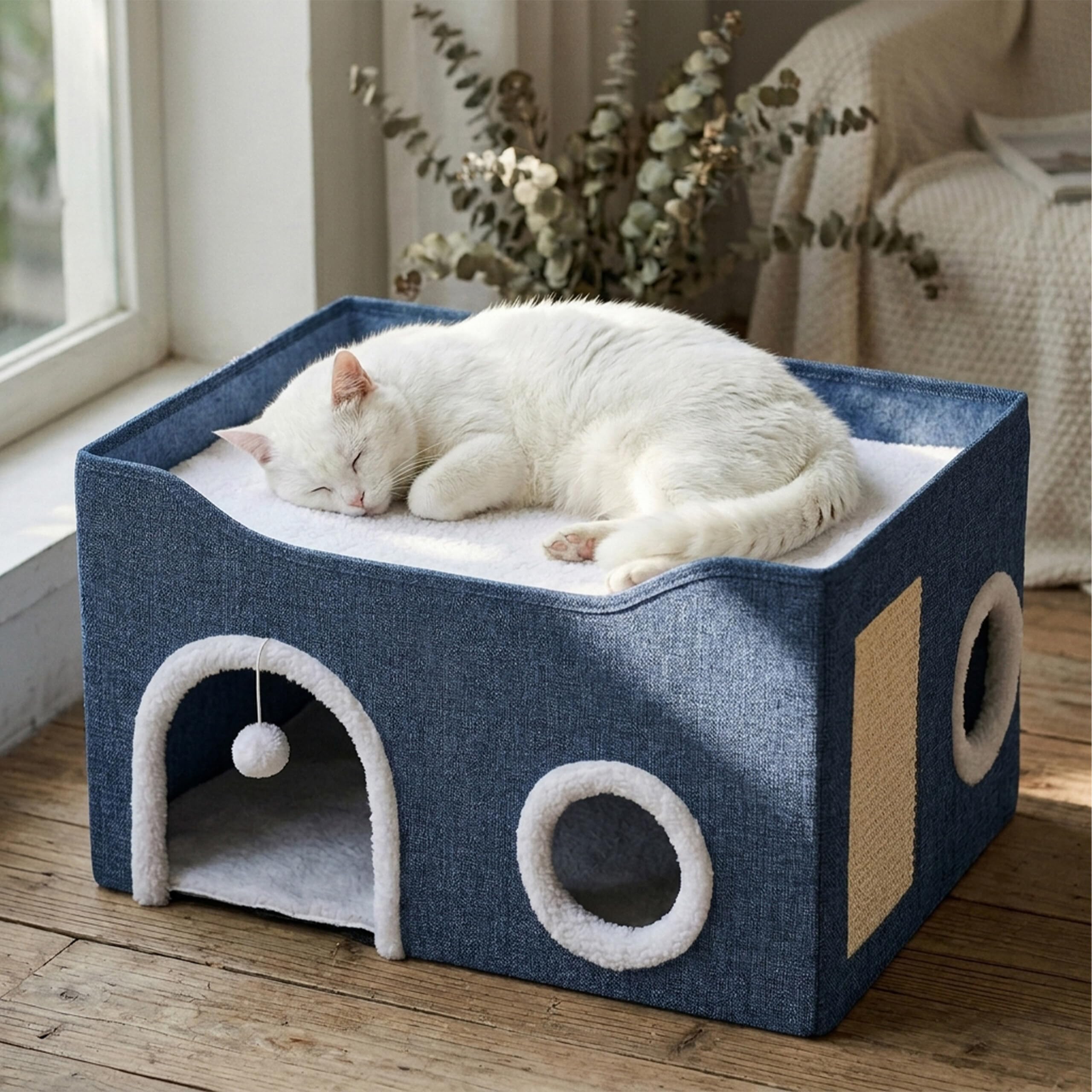 Grotte pour Chat Relaxdays, H x L x P : 34 x 60 x 40 cm, griffoir, Balle, 2 Coussins, Pliable, Bleue