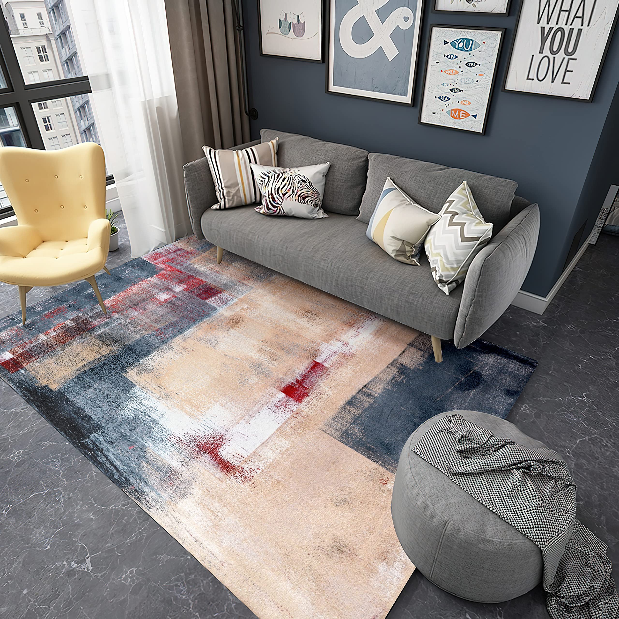 Photo 1 of *USED* MULY Super Soft Non-Slip Rug,Abstract Art Yellow Rug,Fluffy Rug for Indoor and Outdoor,for Living Room Bedroom Dining Room 5x7 Ft