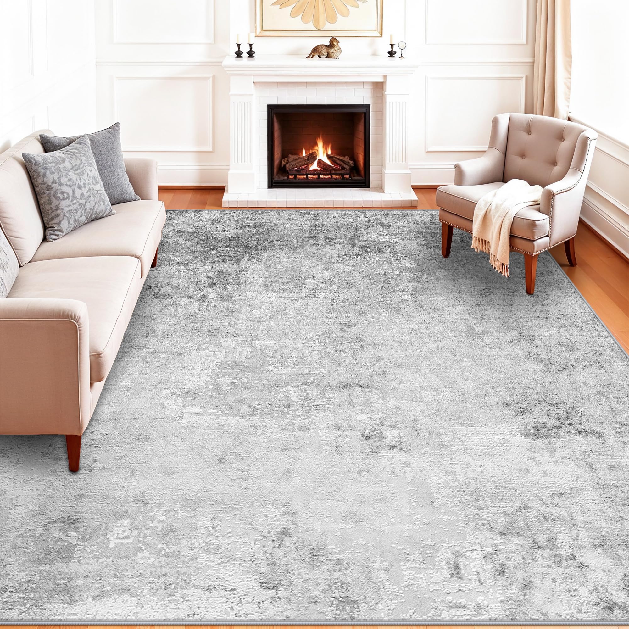 8x8 Square Washable Area Rug: Abstract Non-Slip Large Living Room Rugs Grey