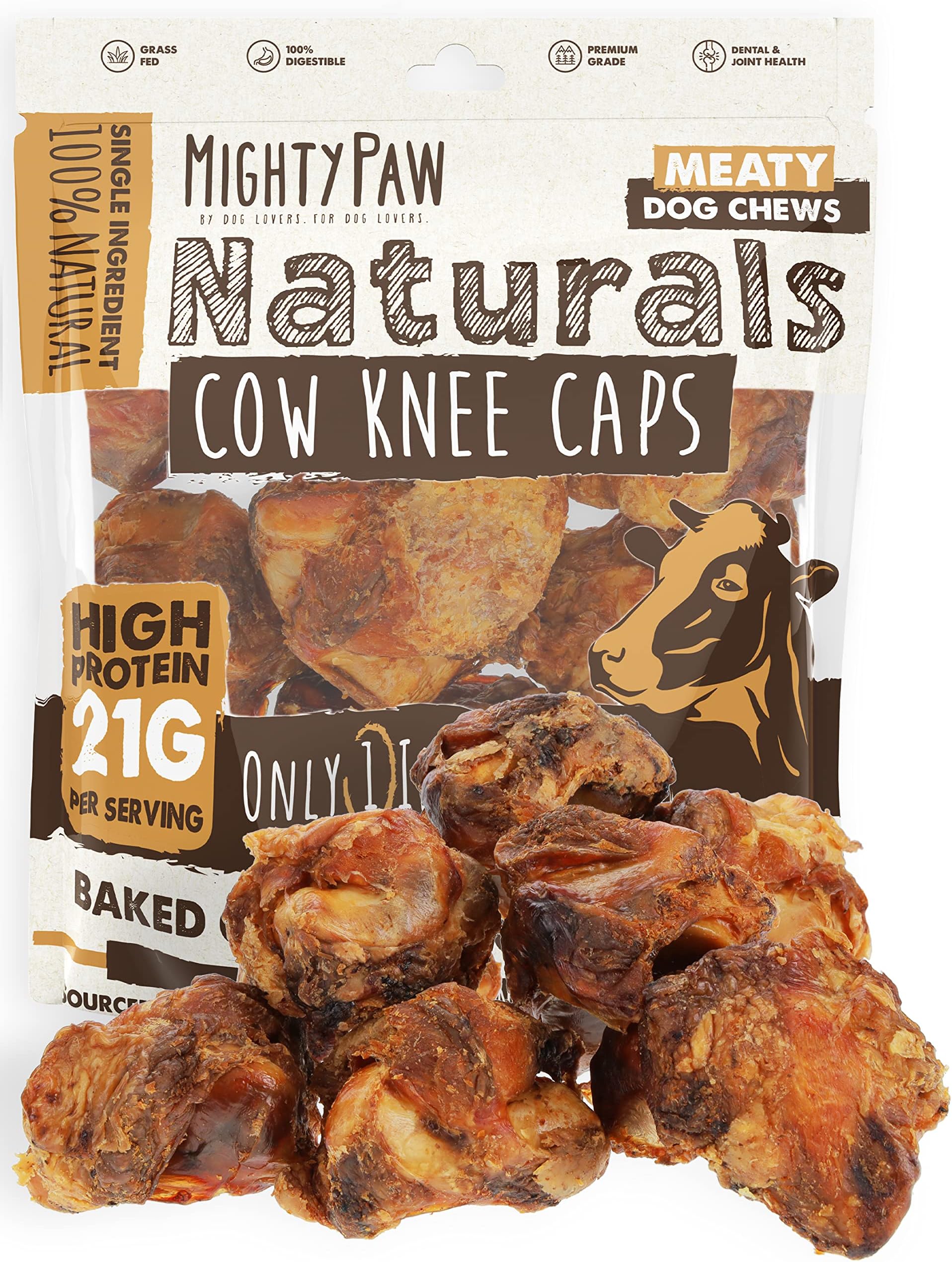 Mighty Paw Naturals Dog Bones - Cow Knee Caps & Knuckle Bones for Dogs (8 Pack) | 100% Natural Beef Knee Caps, Meaty Pet Treat