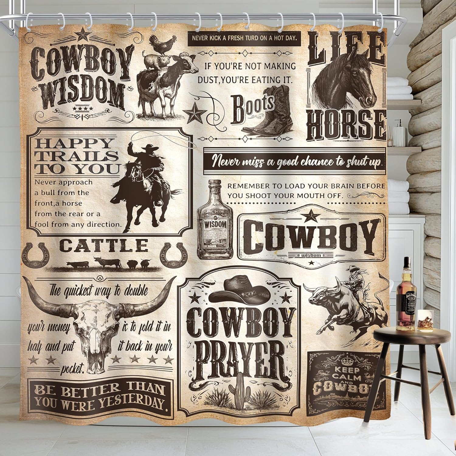 AMBZEK Western Country Cowboy 4Pcs Shower Curtain Sets 72Wx72L Inch Rustic West Cactus Bull Skull Inspirational Words Artwork Cloth Fabric Waterproof Polyester Bathroom Decor Set with 12 Pack Hooks