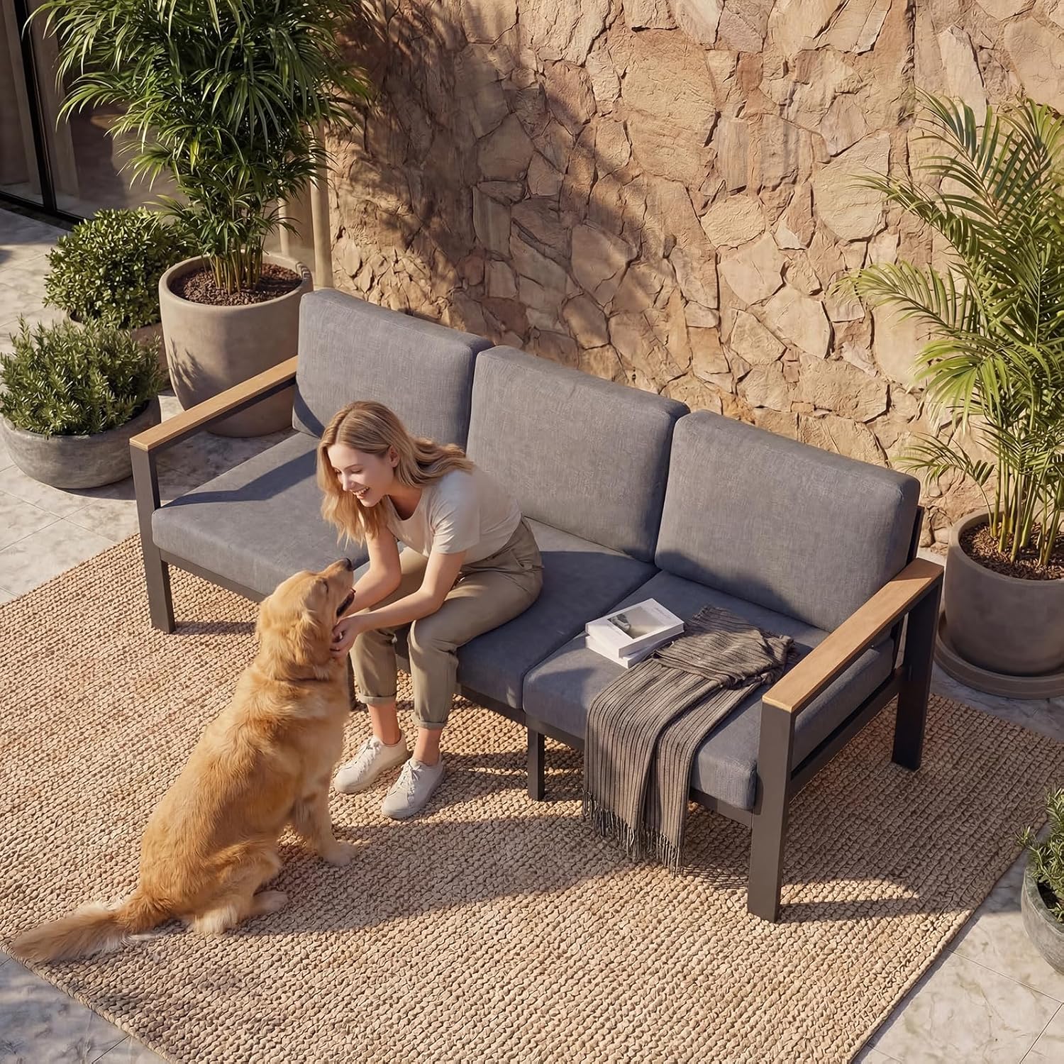 3-Seat Outdoor Sofa, Aluminum Patio Couch with Deep Seating, Waterproof Cushions for Backyard, Patio, Porch, Gray