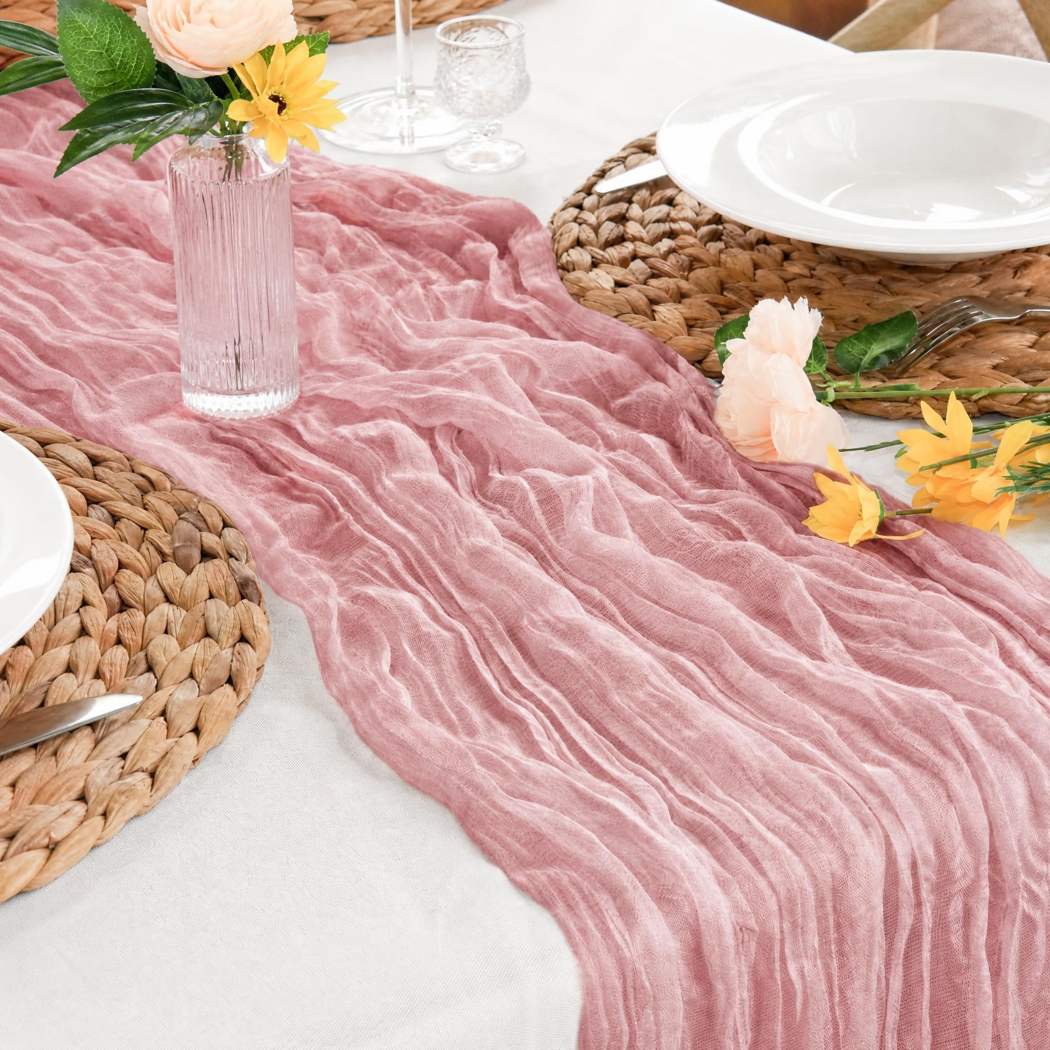 Mzbnfa Cheesecloth Table Runner Pink 90x300cm (35"x118"), Rustic Boho Gauze Fabric Table Runner for Wedding Shower Baby Shower Birthday Party Home Dining Table Decorations（Pink）
