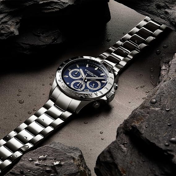 Stührling Original Mens Chronograph Watch Stainless Steel Bracelet with Screw Down Crown 100M Water Resistant Analog Dial Quartz Movement, Blue, Chronograph, Quartz Movement