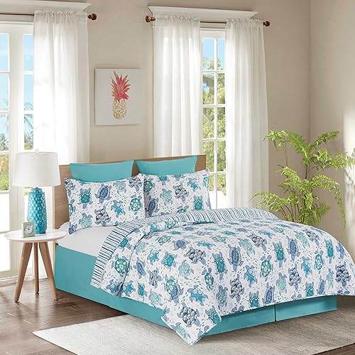 C&F Home Turtle Bay - Juego de edredón reversible de 3 piezas con 2 fundas estándar, color blanco, azul, verde azulado, playa, costa náutica reversa