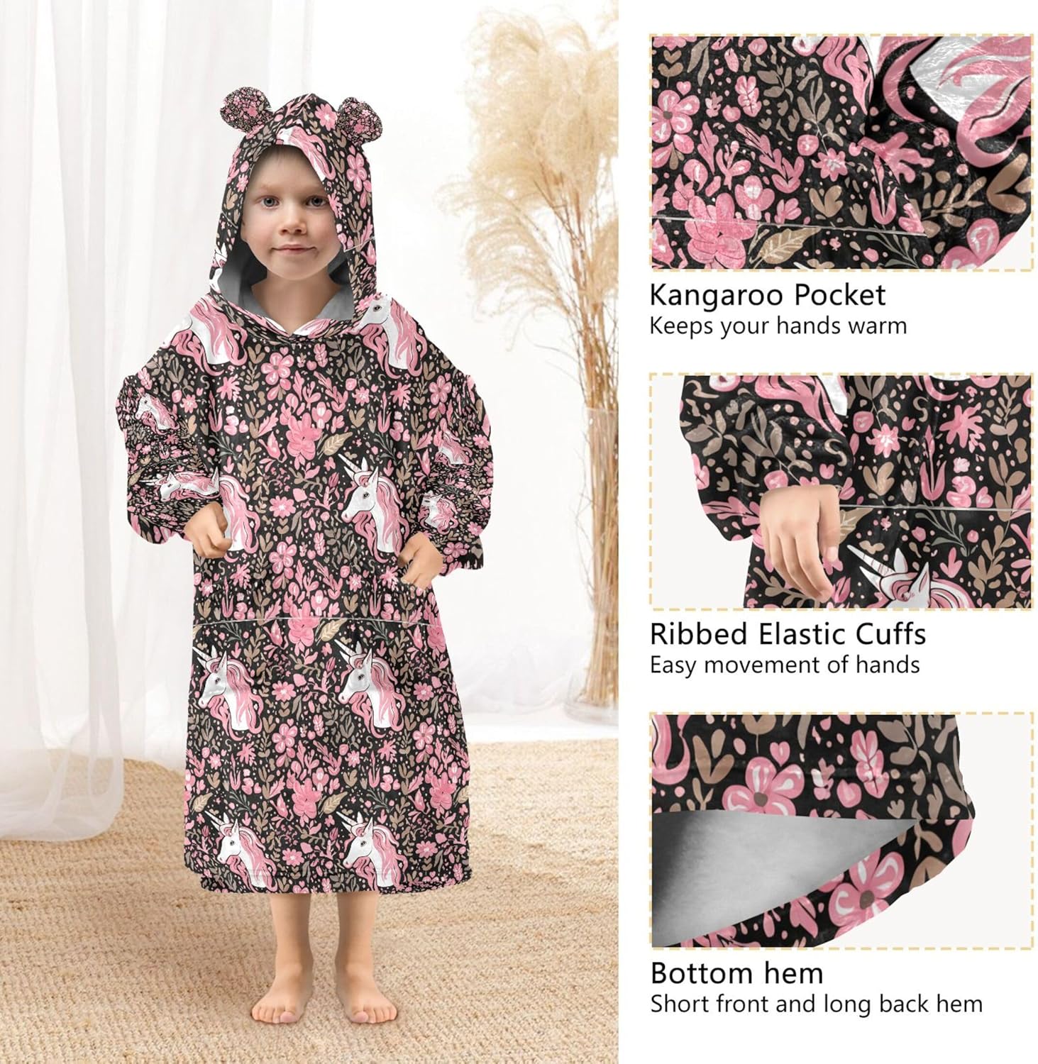 Cute Unicorn Flowers Kids Wearable Blanket Hoodie with Pocket and Sleeves for Toddlers, Cute Hoodies Girls Boys