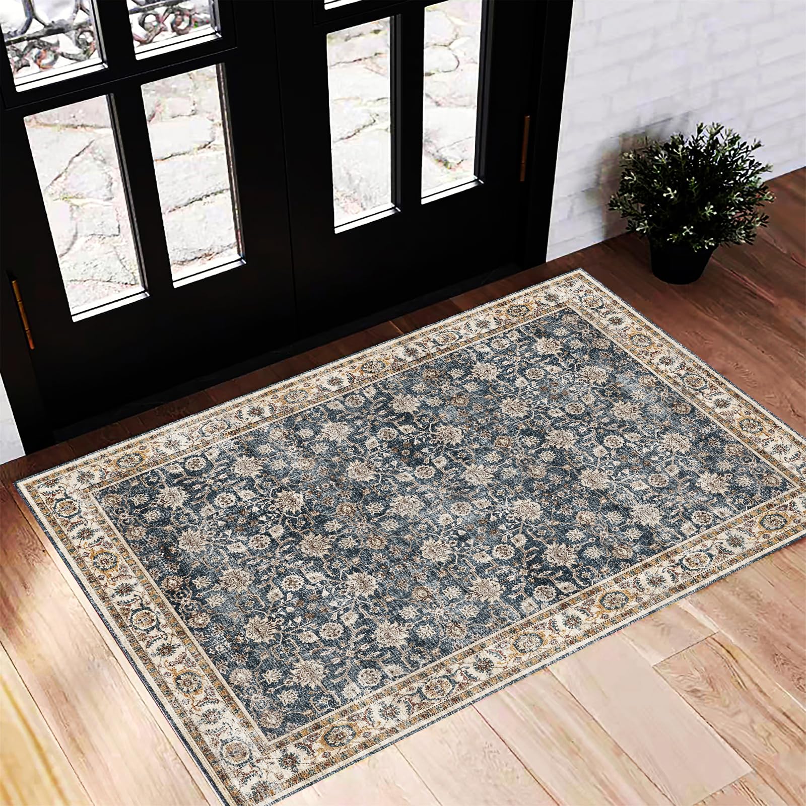 CHAMPLANT Washable Area Rug 2'x3' Door Mat Vintage Distressed Doormat Indoor Entrance Traditional Thin Rug Floral Print Non Slip Carpet for Kitchen Bathroom Bedroom Living Room โ image 1