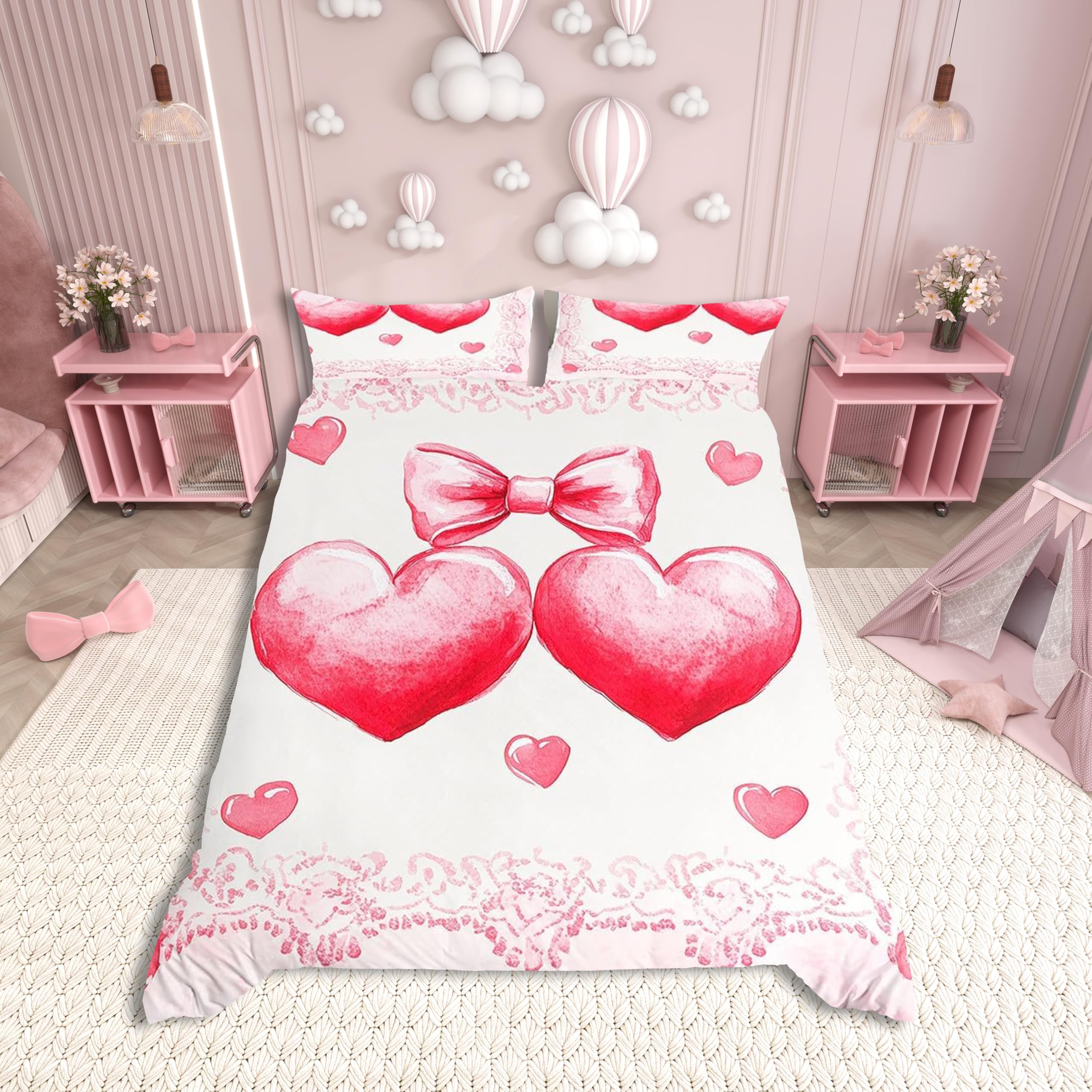 feelingyou Love Hearts Duvet Cover,Pink Lace Princess Bowknot Dreamy Quilt Cover(No Filler),Romantic Red Heart Valentine's Day Theme Bedding Set with 1 Pillowcase,Kids Room Decor,single Size