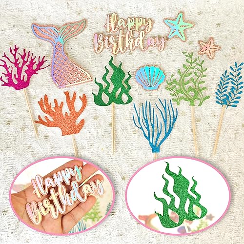 Miniatura 3 de 20 adornos para tartas de sirena con abanicos plegables de algas marinas de sirena 3D, decoración de pastel de estrellas de mar para niños y niñas,