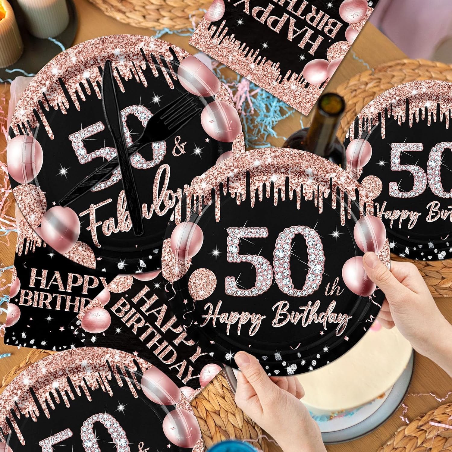 HAKOTI 142Pcs 50th B'day Tableware Decor,Black Rose Gold Tableware Set 50th B'day Plates and Napkins Cup Rose Gold Tablecloth Happy B'day Banner Women B'day Disposable Supplies Serve 20