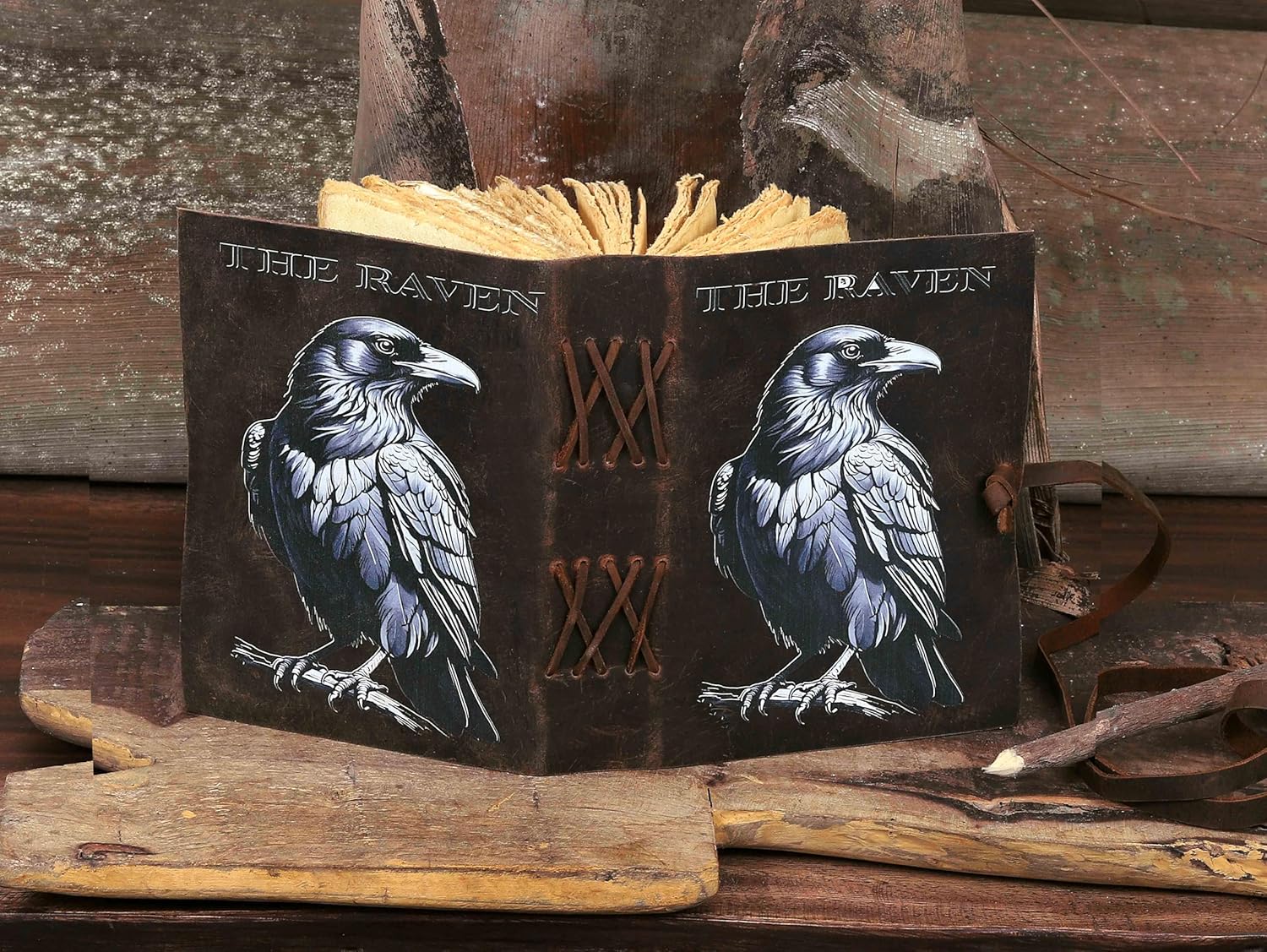 Vintage Leather Journal Notebook – "The Raven" Embossed Handmade Diary with Antique Deckle Edge Paper – 7x5 Inches, Rustic Brown, Travel Writing Notebook, Sketchbook, Gift for Writers & Artists
