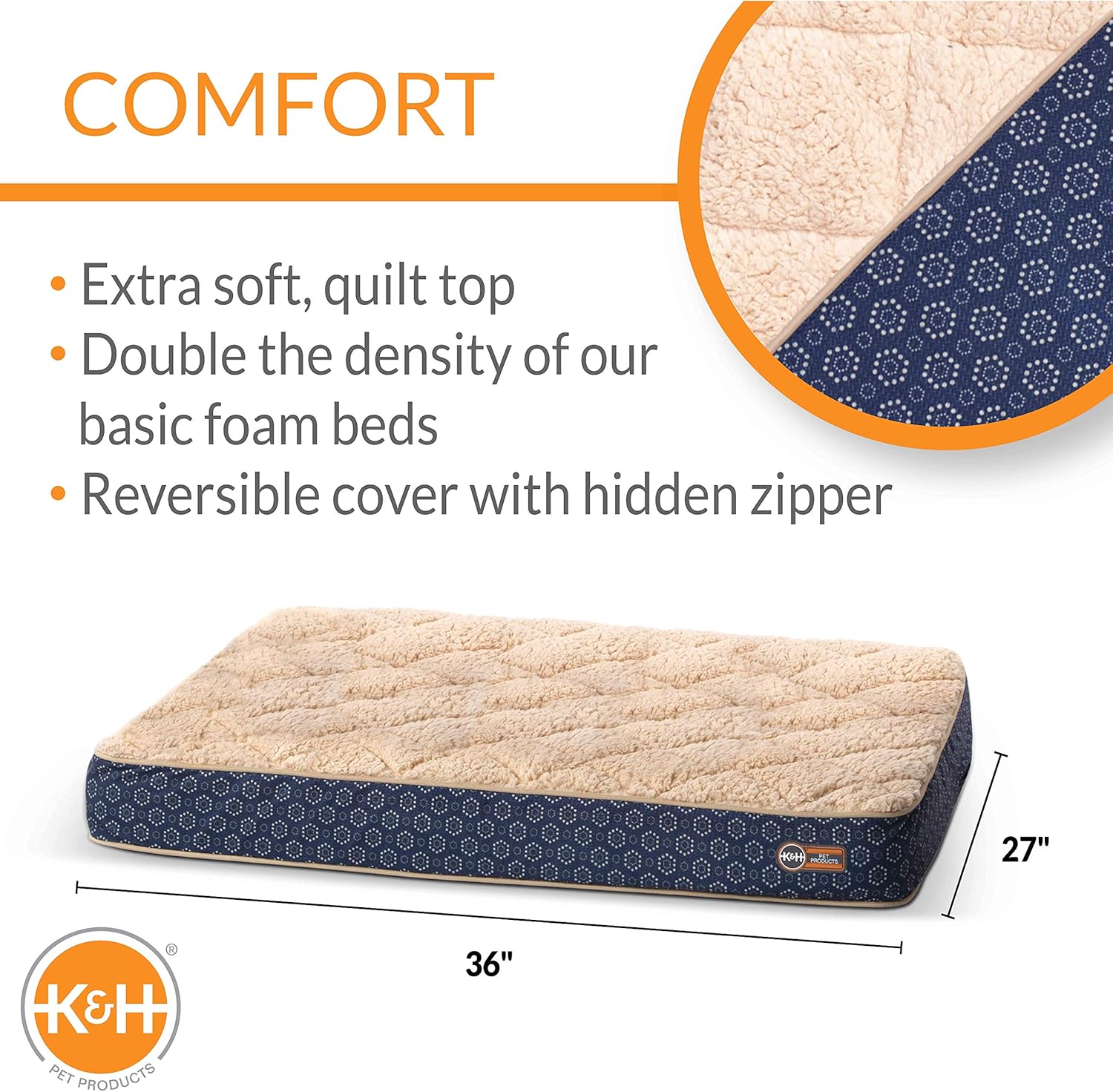 K&H Pet Products Quilt-Top Superior Orthopedic Bed Navy/Geo Flower Small 27 X 36 Inches