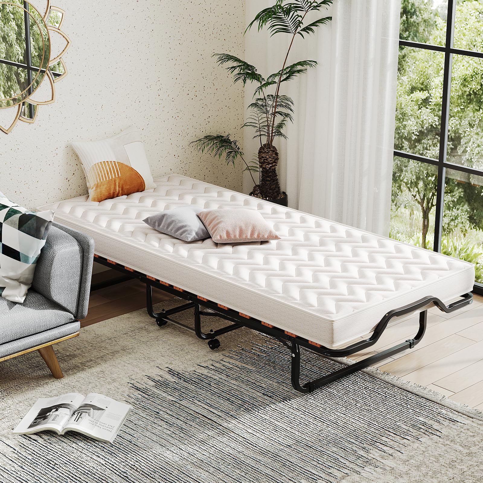 GIANTEX Letto Pieghevole 90x200 cm con Memory Foam, Lettino Pieghevole per Gli Ospiti con 4 Ruote, Sgabello e Bracci, Letto da Viaggio per Adulti, Doppia Sedia a Doghe, Nero e Beige, Made in Italy