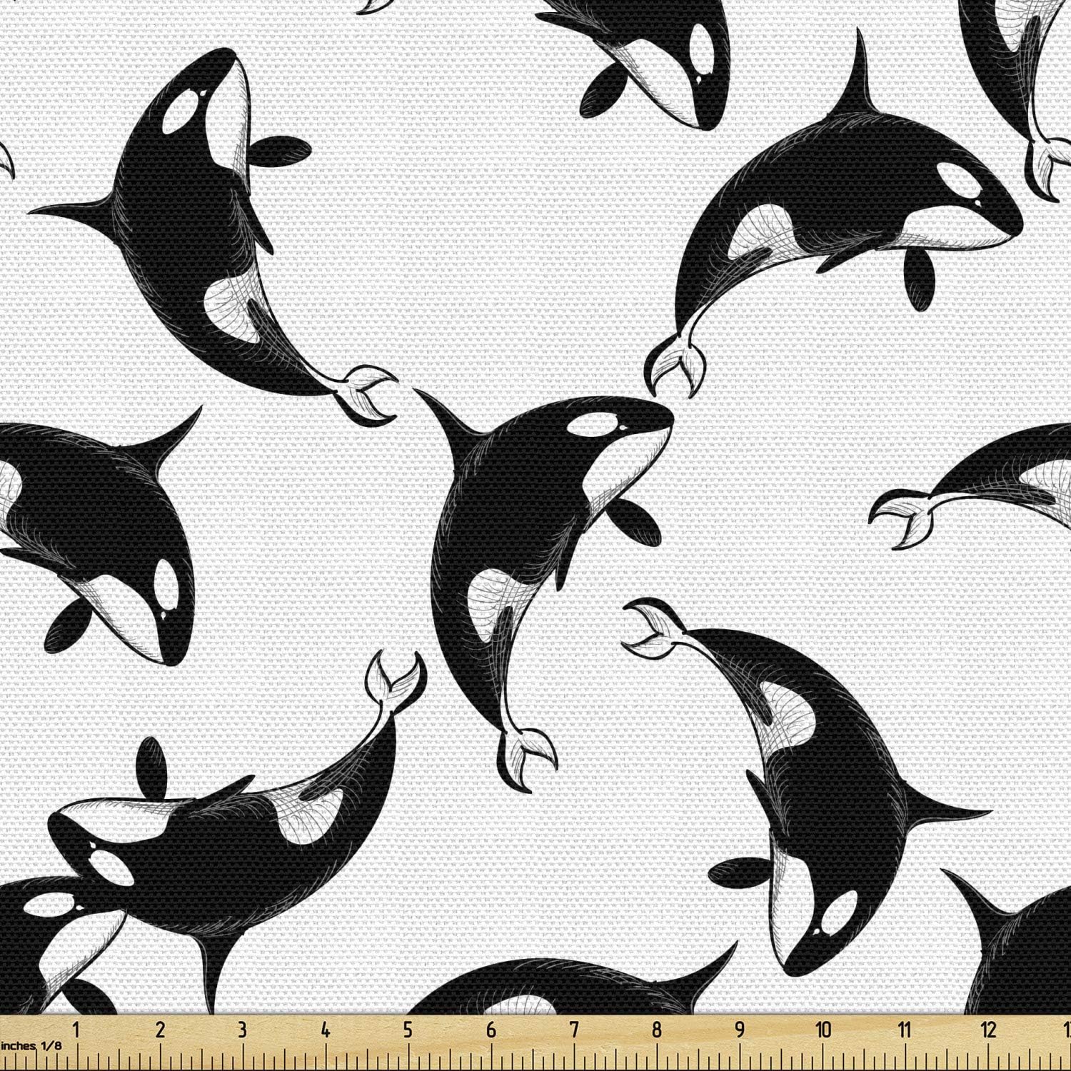 Lunarable Orca Fabric by The Yard, Grampus Killer Whale Repeating Pattern in Doodle on Plain Backdrop Print, Decorative Fabric for Upholstery and Home Accents, 1 Yard, Charcoal Grey and White