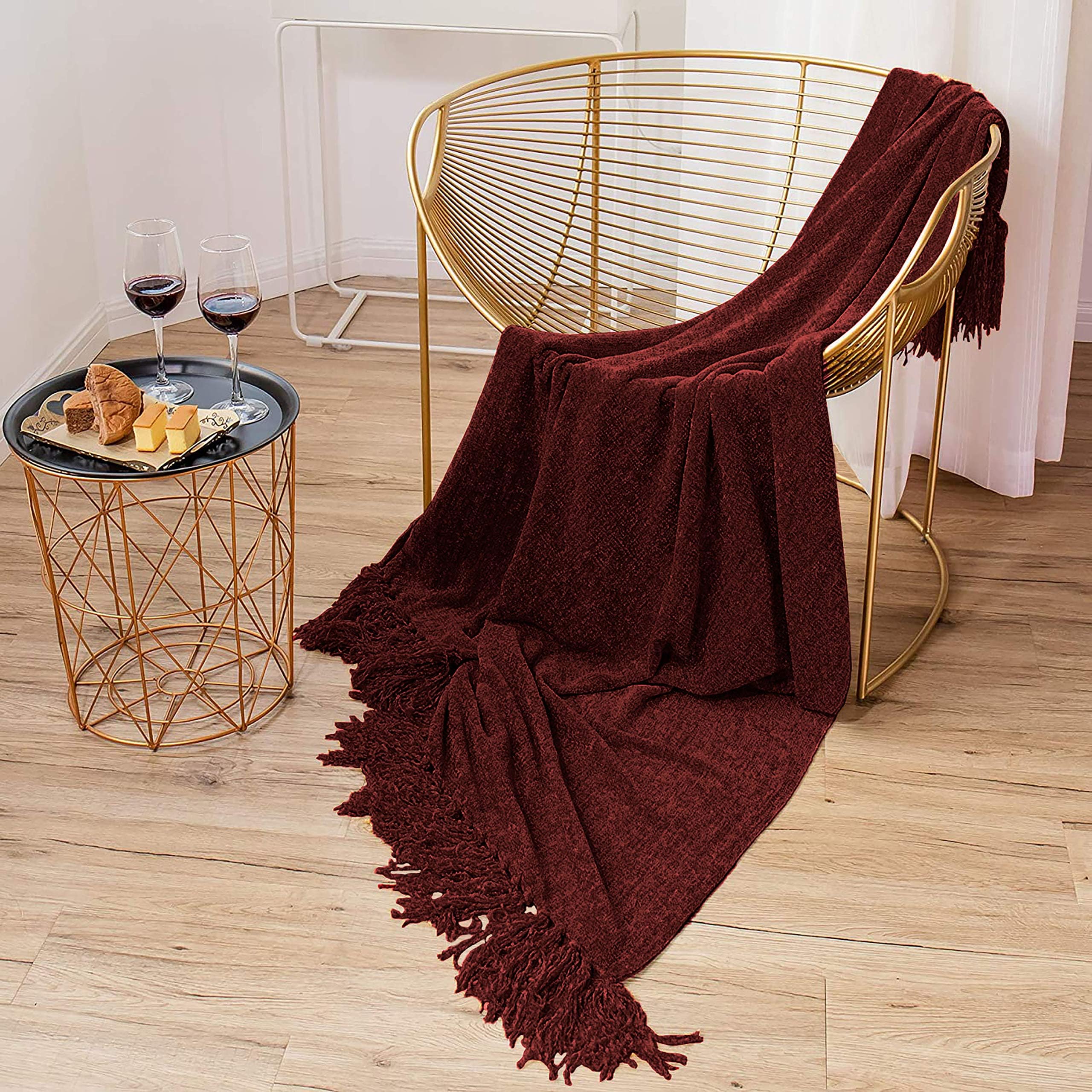 Cazimo Soft Chenille Throw Blanket for Sofa/Couch and Bed - 60 * 50 inches | Summer Friendly, Cozy and Stylish | Green, Pack of 1, Maroon