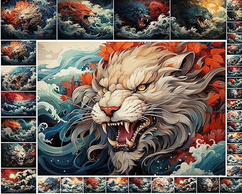 Miniatura 1 de Decoupage - Paquete de papel (35 hojas de 6 x 8 pulgadas), diseño de dragones aterradores entre las olas en arte colorido y texturizado de Japón,