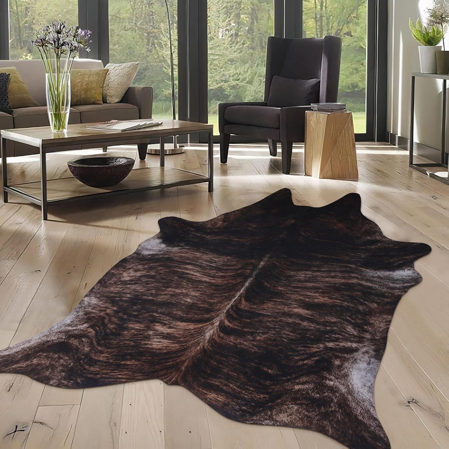 Cow Hide Faux Cowhide Rug: Cow Print Rug for Living Room Bedroom 4.6x5.2 Feet - Animal Print Skin Black and Brown Western