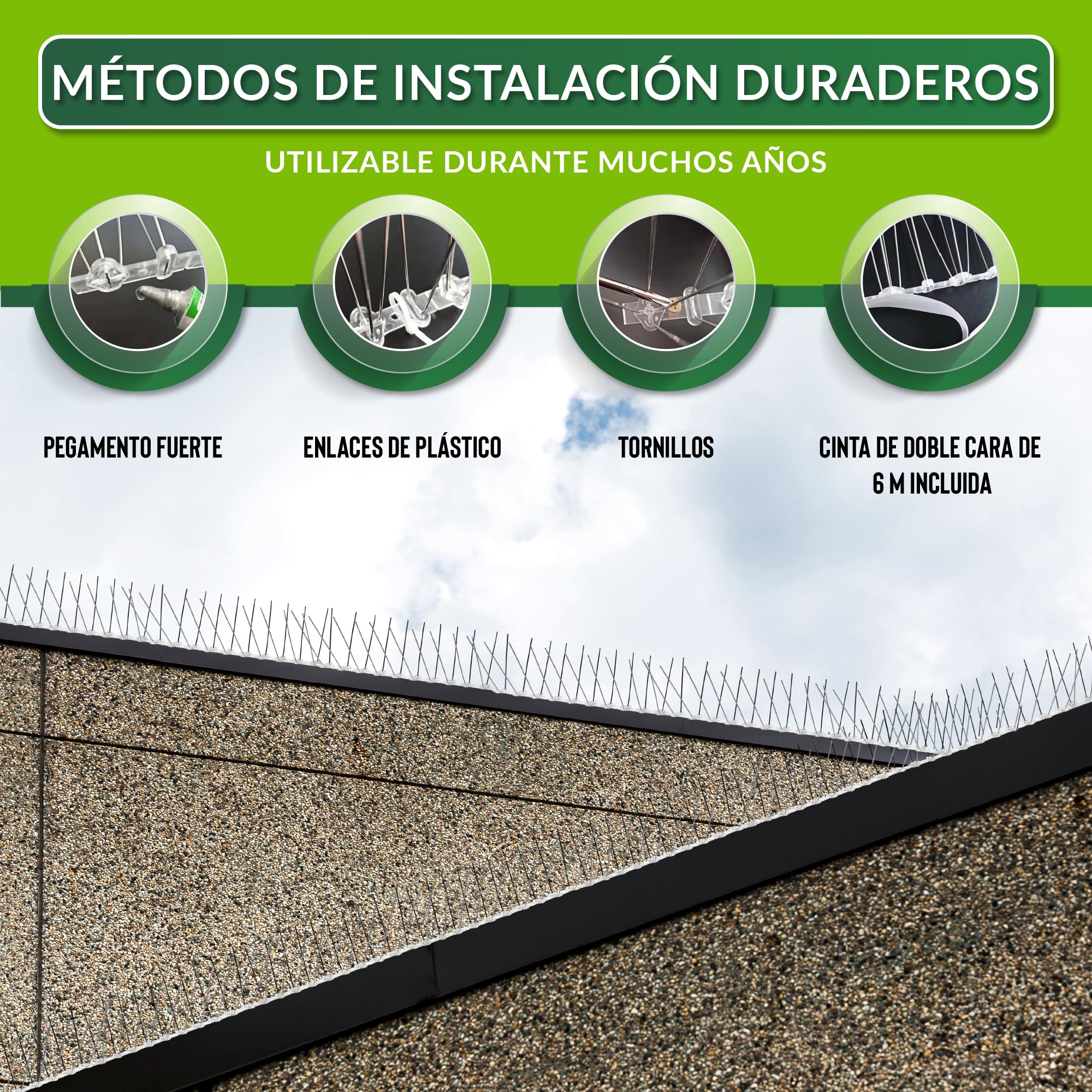 Dissuasores de Palomas - 3 Metros - Pinchos en Acero Inoxidable - 3M Cinta Adhesiva Incluida - 20 Unidades - Anti Palomas para Balcón, Tejado, Valla