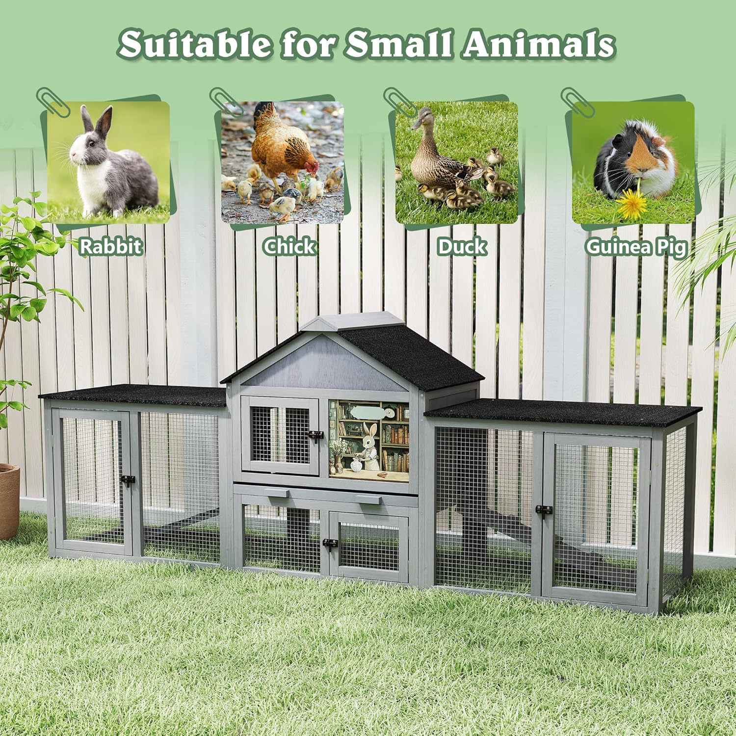 COZIWOW 82inches Extra Large Wood Rabbit Hutch Outdoor Easy to Assemble and Stable Bunny Cage Indoor with Cleaning Tray & Waterproof Roof for Small and Medium Bunny Rabbit Chick（Grey with Pattern）