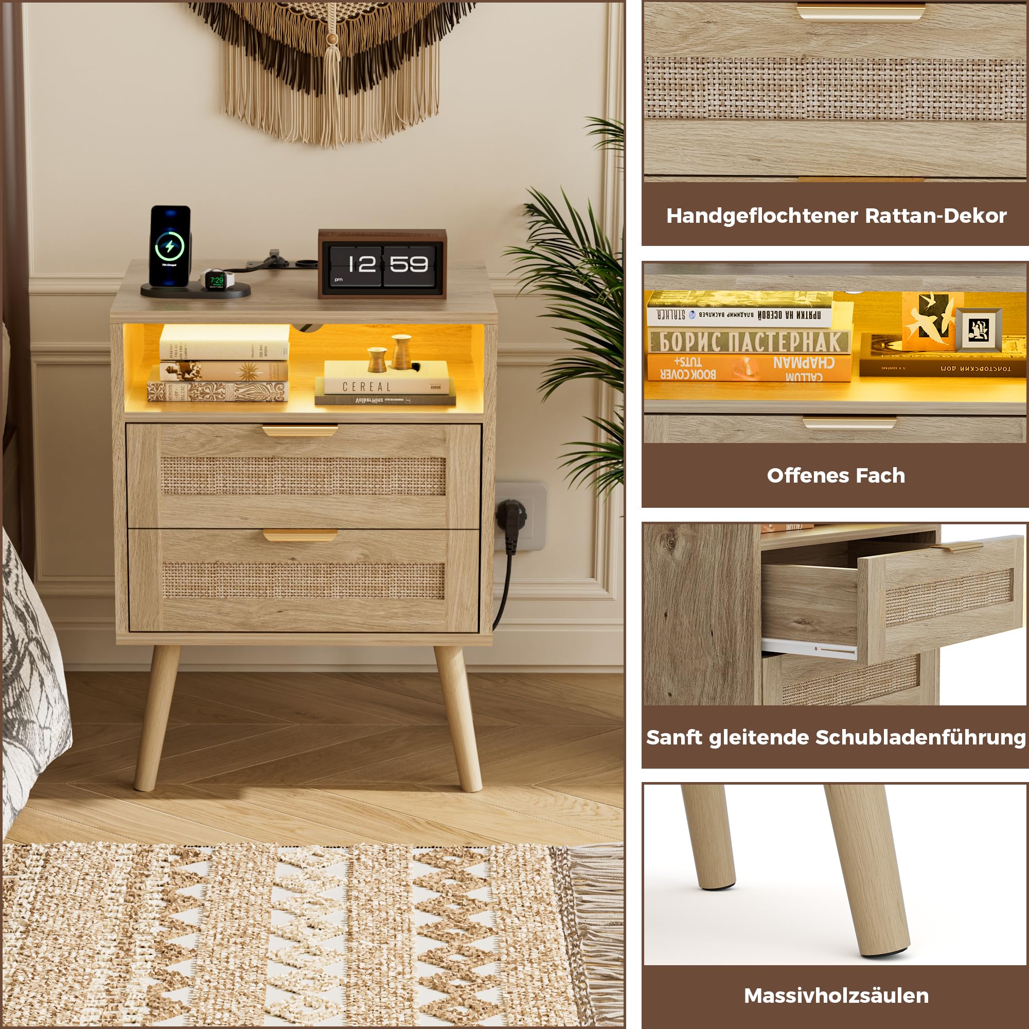 BonVache Rattan Nachttisch 2er Set, Farblich Einstellbares Licht, integrierter Steckdose und USB-A & C Anschlüssen, Offenem Fach und 2 Schubladen im Korbgeflecht-Stil, Massivholzfüßen
