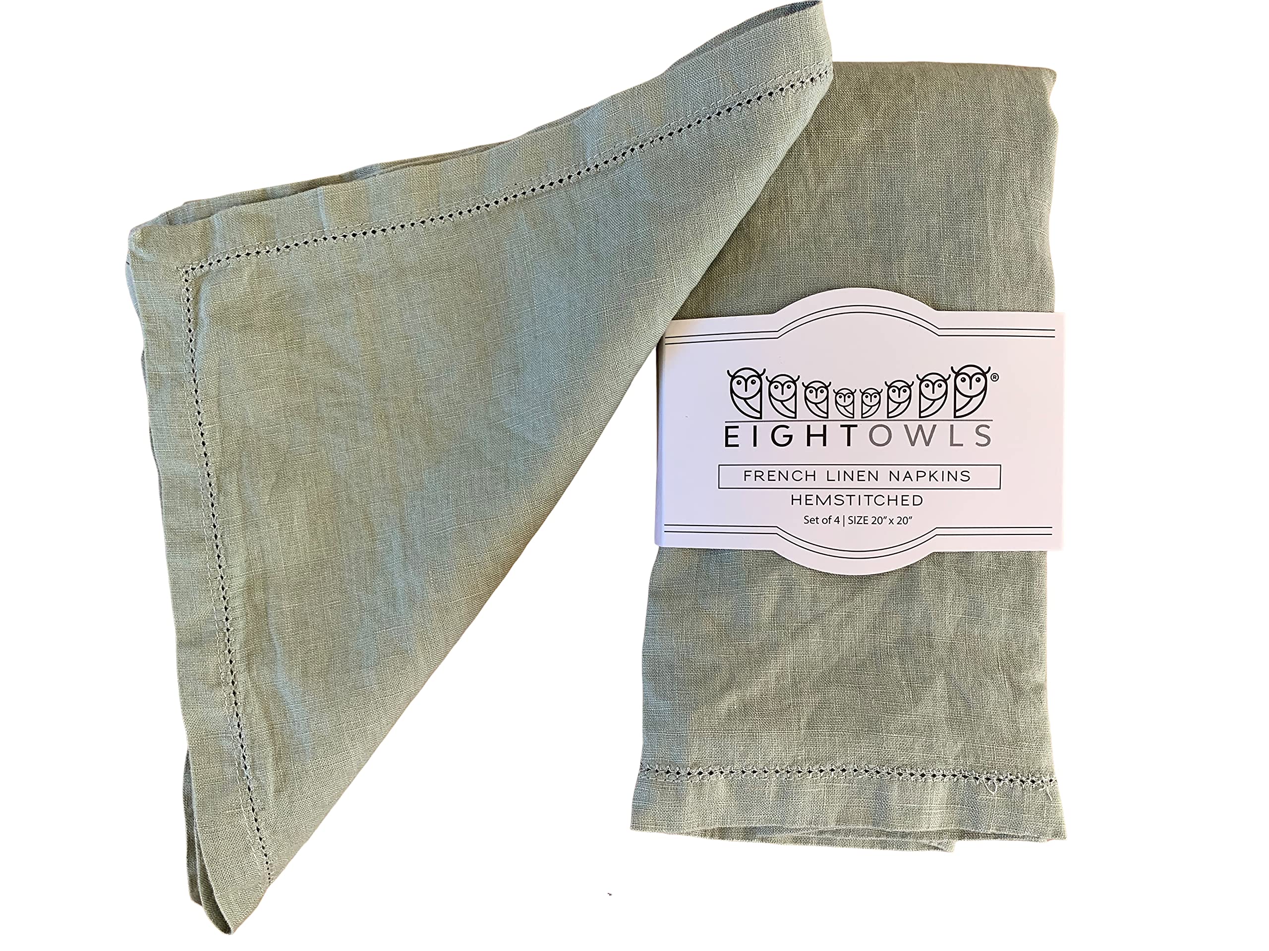 Hemstitched Linen Napkins - 50 cm x 50 cm - Stonewashed Pure Linen Cloth Napkins with Mitered Corners - Set of 4 (Soft Sage Green)