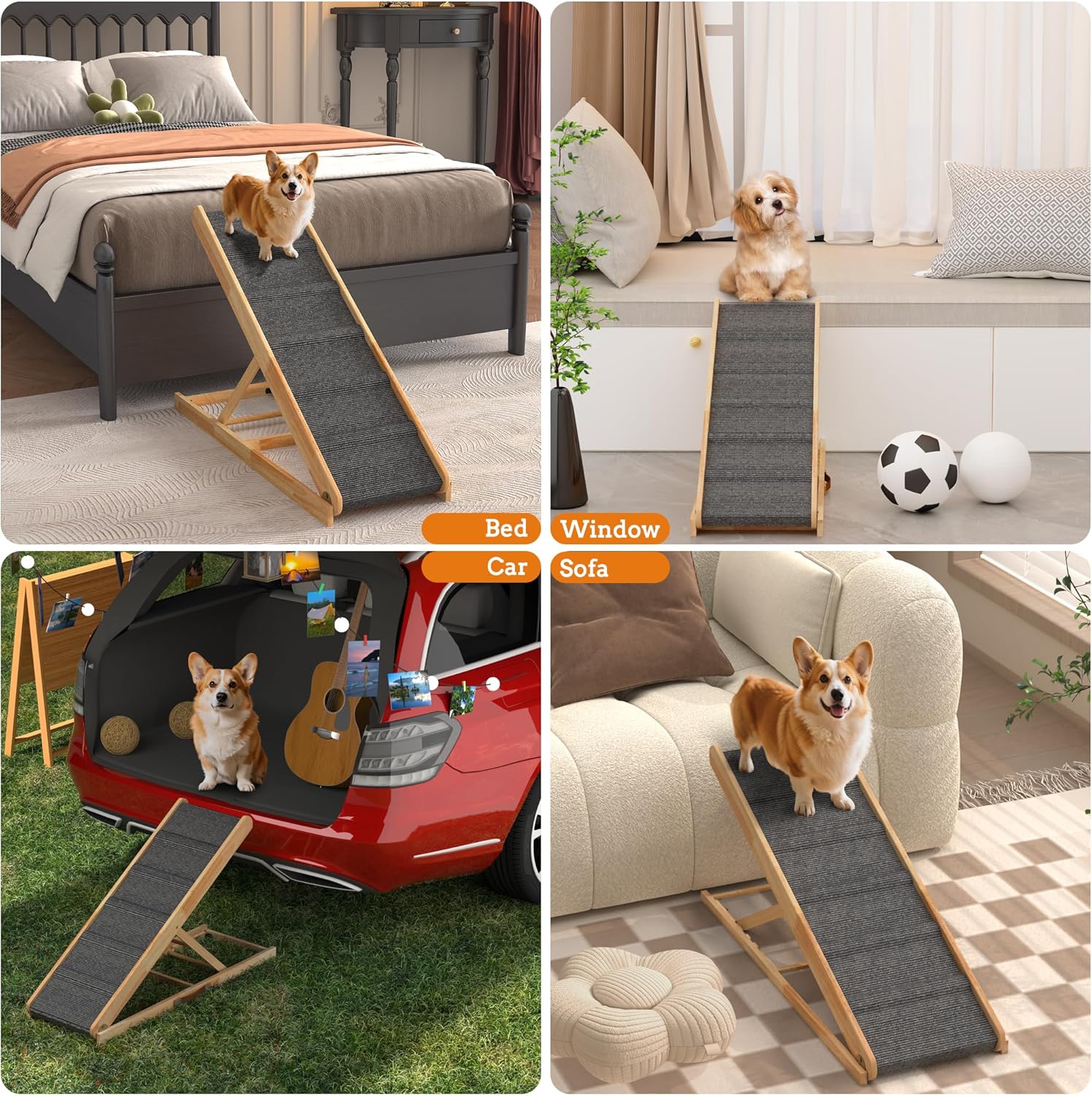 Dog Ramp for Couch, Adjustable Height Dog Ramp for Bed, 4 Adjustable Heights 11" to 23", Folding Wooden Pet Ramp, Dog Ramp for Large Dogs & Small Dogs, Non-Slip Steps, Supports 200 lbs, Natural
