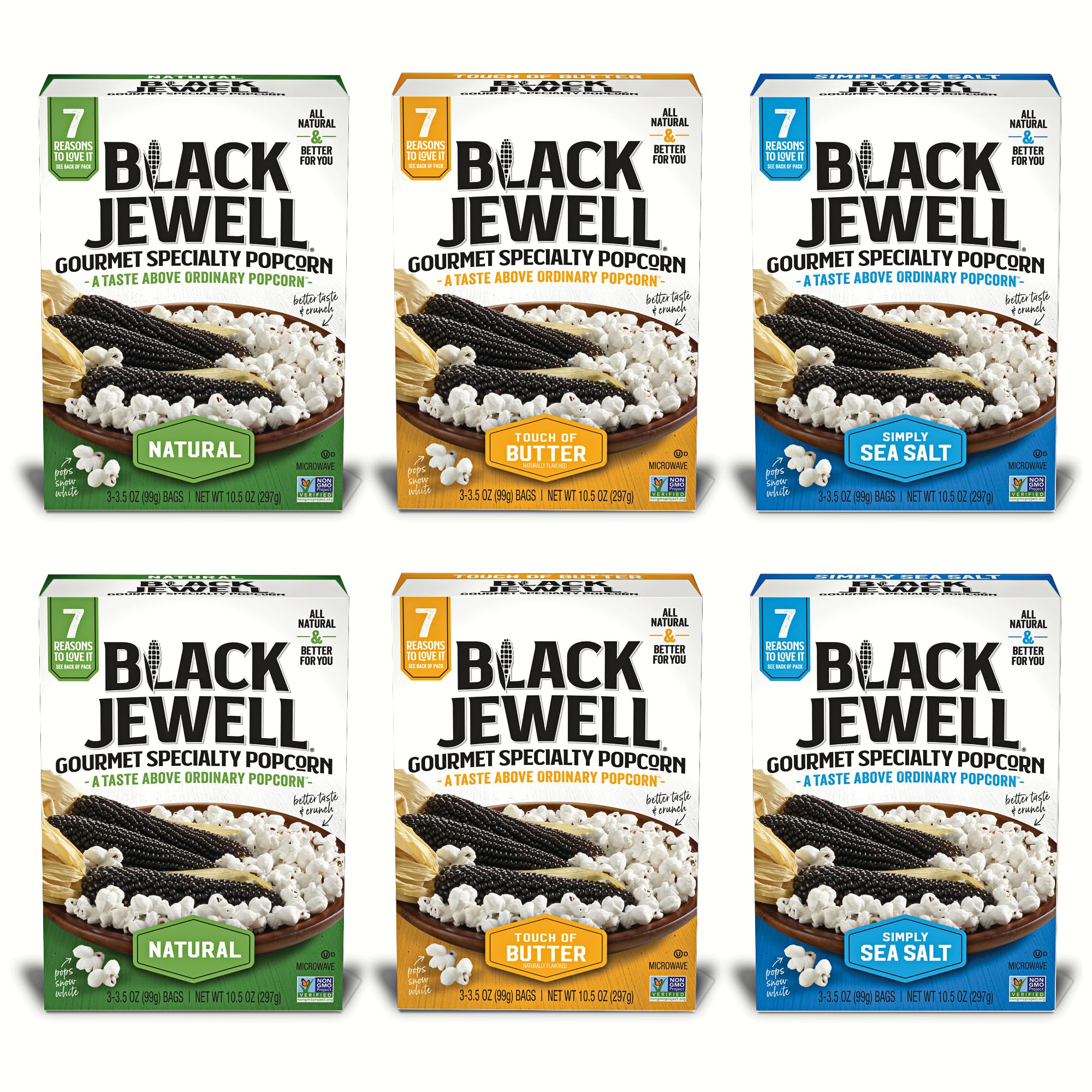 Black Jewell Gourmet Microwave Popcorn Variety Pack with Natural, Touch of Butter, and Simply Sea Salt (Pack of 6)