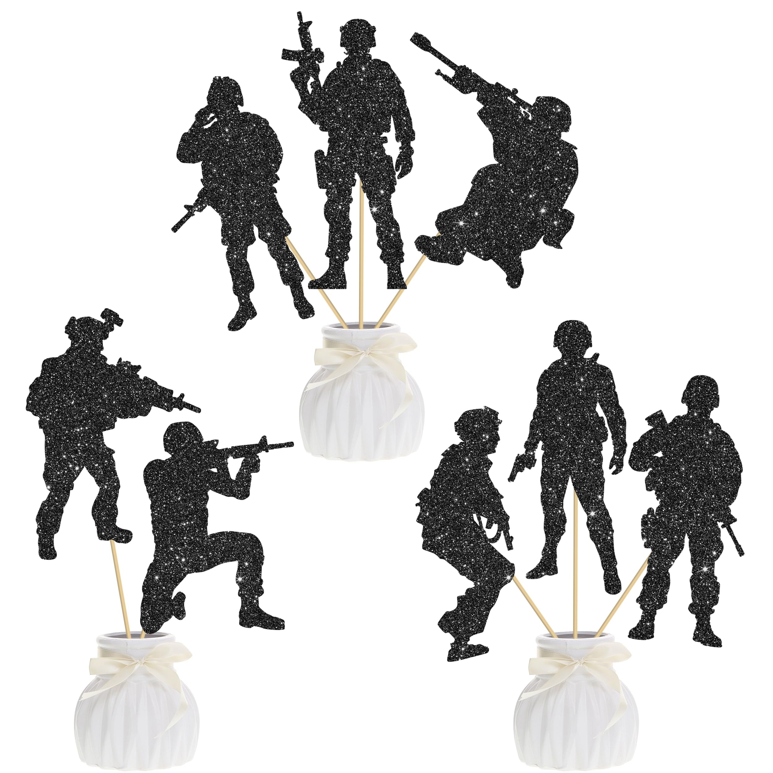 16pcs Army Soldier Centerpiece Sticks Black Glitter Military Party Centerpieces for Table Soldier Theme Centerpiece Decorations for Army Military
