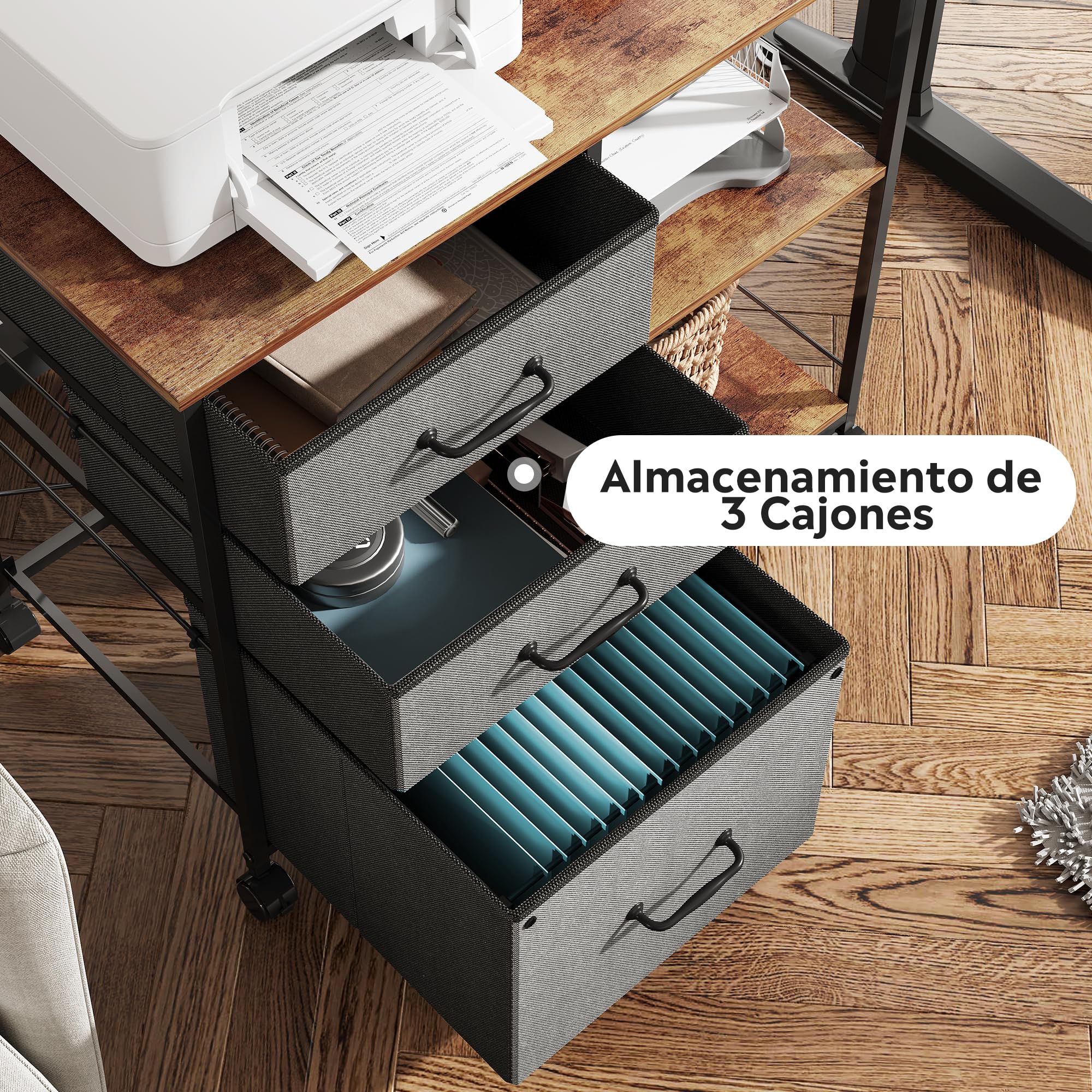 DEVAISE Caisson de Bureau Mobile 3 Tiroirs - Meuble Imprimante avec Étagère Ouverte pour A4/Letter - Gris