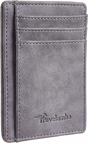 Travelambo Cartera delgada con bolsillo frontal de cuero minimalista con bloqueo RFID tamaño mediano, Crazy Hose Gris, Minimalista