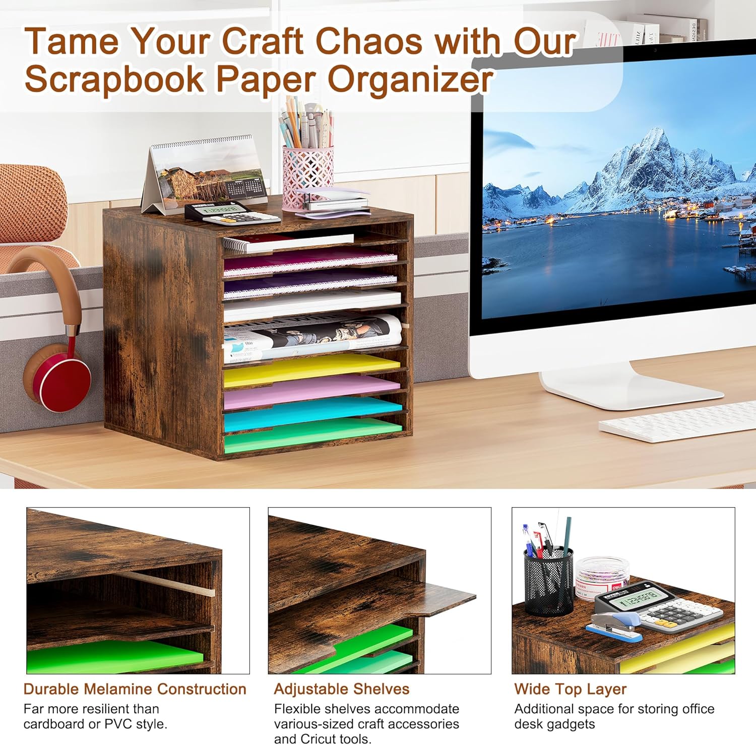 EasyPAG Scrapbook Paper Storage Organizer for Craft Room, 12x12 Paper Storage Desk Shelf, 10 Slot Adjustable File Sorter for Office School Classroom, Antique - Image 2