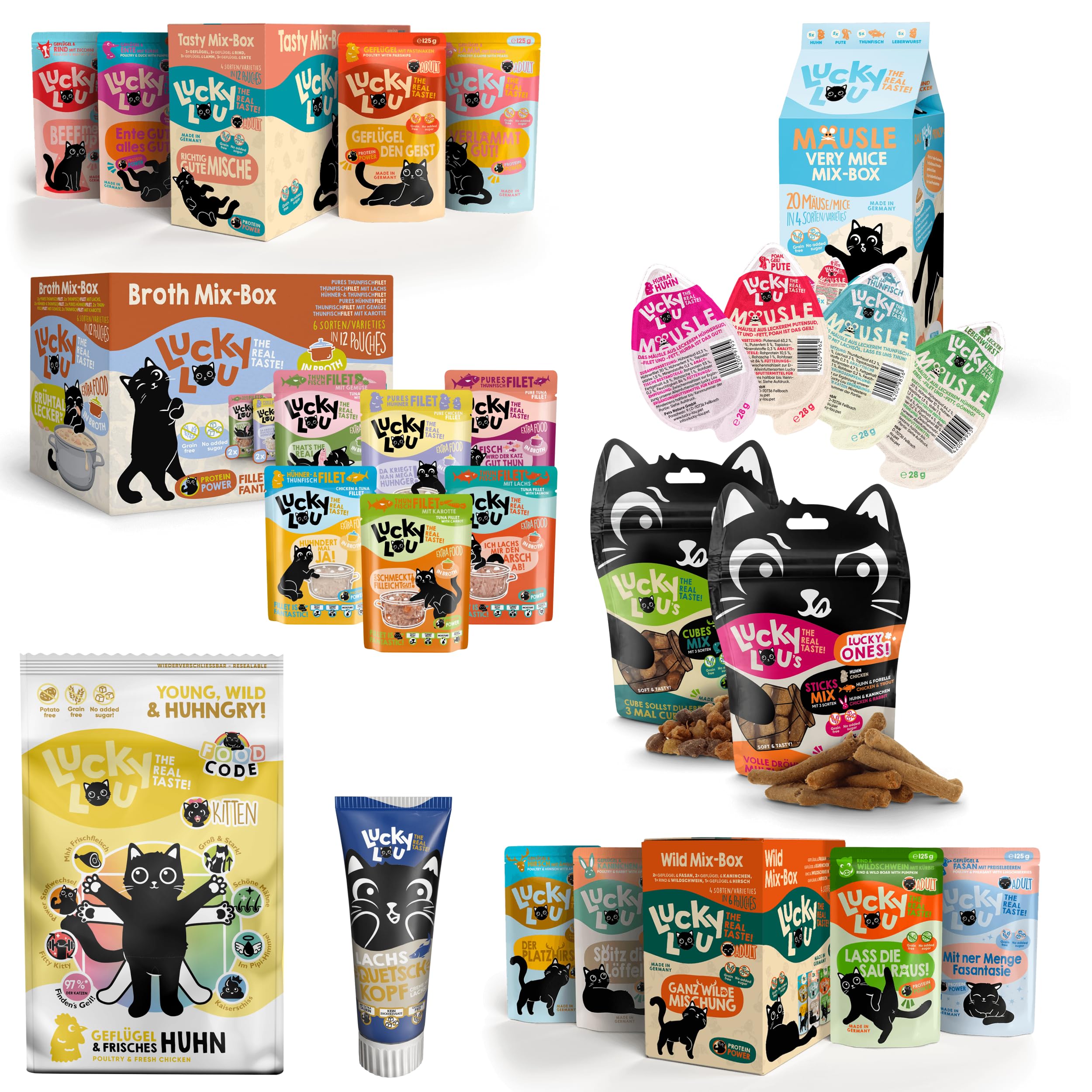 Lucky Lou Probier-Paket mit Katzenfutter nass und trocken & Katzen-Leckerlis in verschiedenen Sorten - Katzen-Leckerlie, Nassfutter & Trockenfutter ohne Getreide & Zucker im Mix