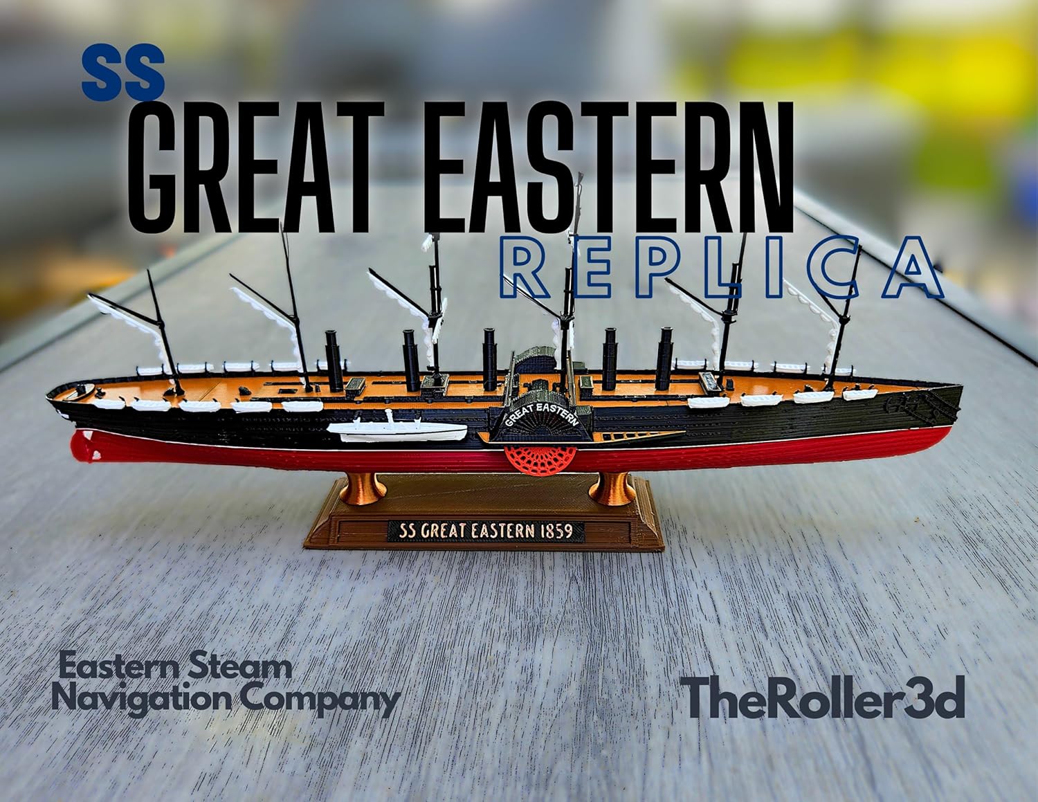 TheRoller3d SS Great Eastern Ship Model 12” Historically Accurate Replica, Steamship Display with Working Paddle Wheels, Nautical Gift for History Buffs & Enthusiasts (Model On)