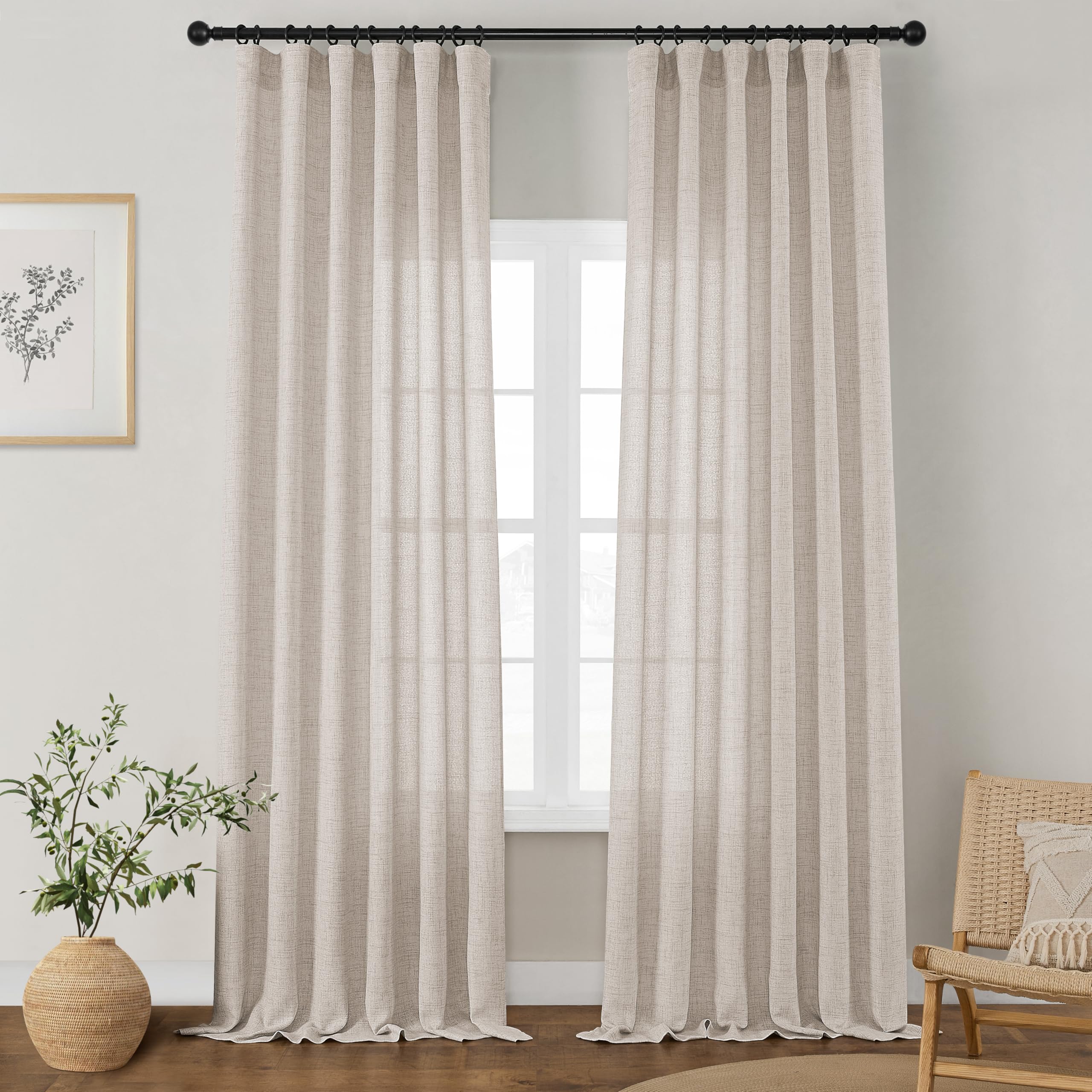 DUKIYO Linen 126 Inch Curtains 2 Panels for Dining Living Room Semi Sheer Light Filtering Farmhouse Curtains with Rod Pocket Hook Belt Privacy Tan Beige Flax Linen Long Window Drapes