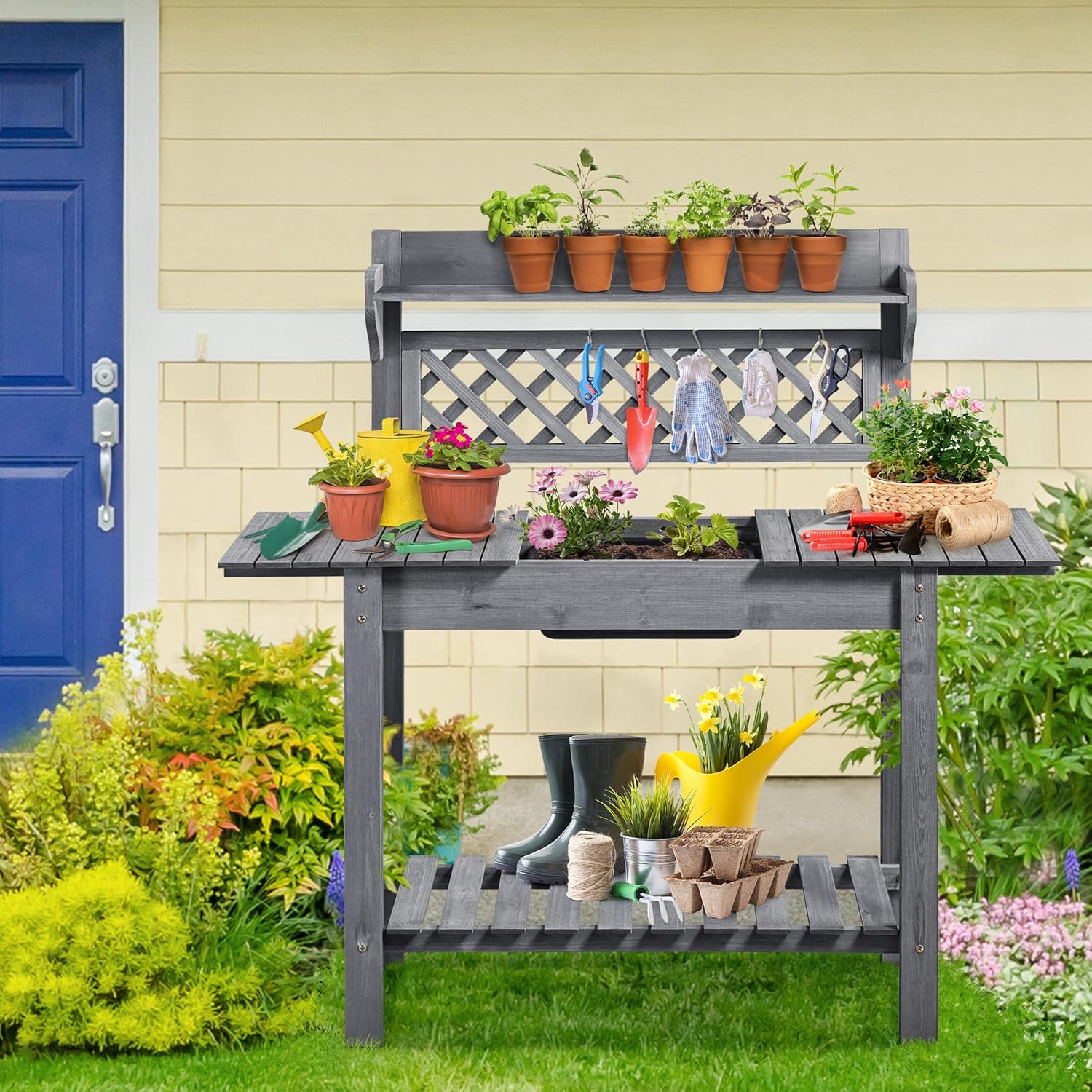Yaheetech Potting Bench Table Outdoor Garden Potting Table Wooden Workstation w/Sliding Tabletop Removable Sink w/Storage Shelf Flower Pot Bench Mobile Garden Potting Bench Gray