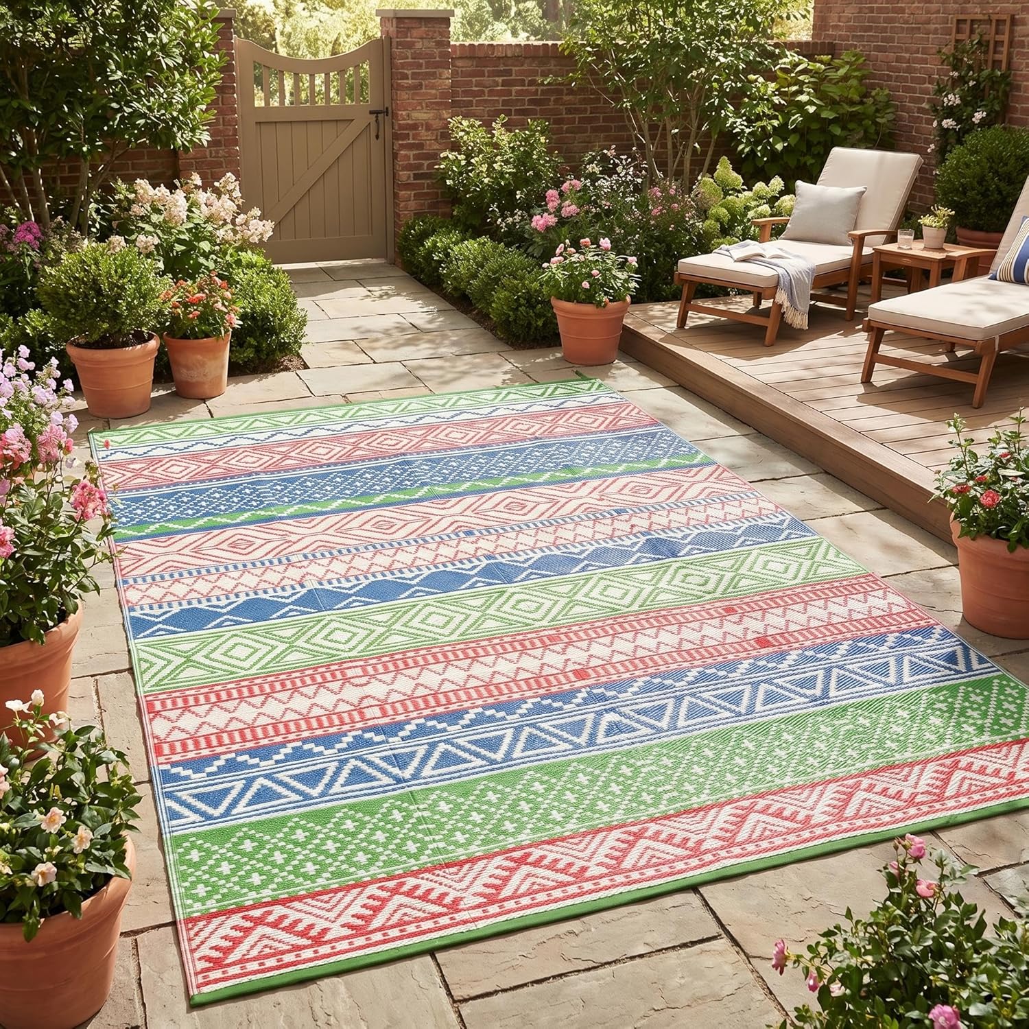 Outdoor Rug for Patio 9x18 Waterproof Reversible Mat Large Plastic Straw Rug Boho Foldable Camping Rugs Easy Clean Lightweight Patio Rugs for Porch Backyard Picnic Deck Beach, Green Blue