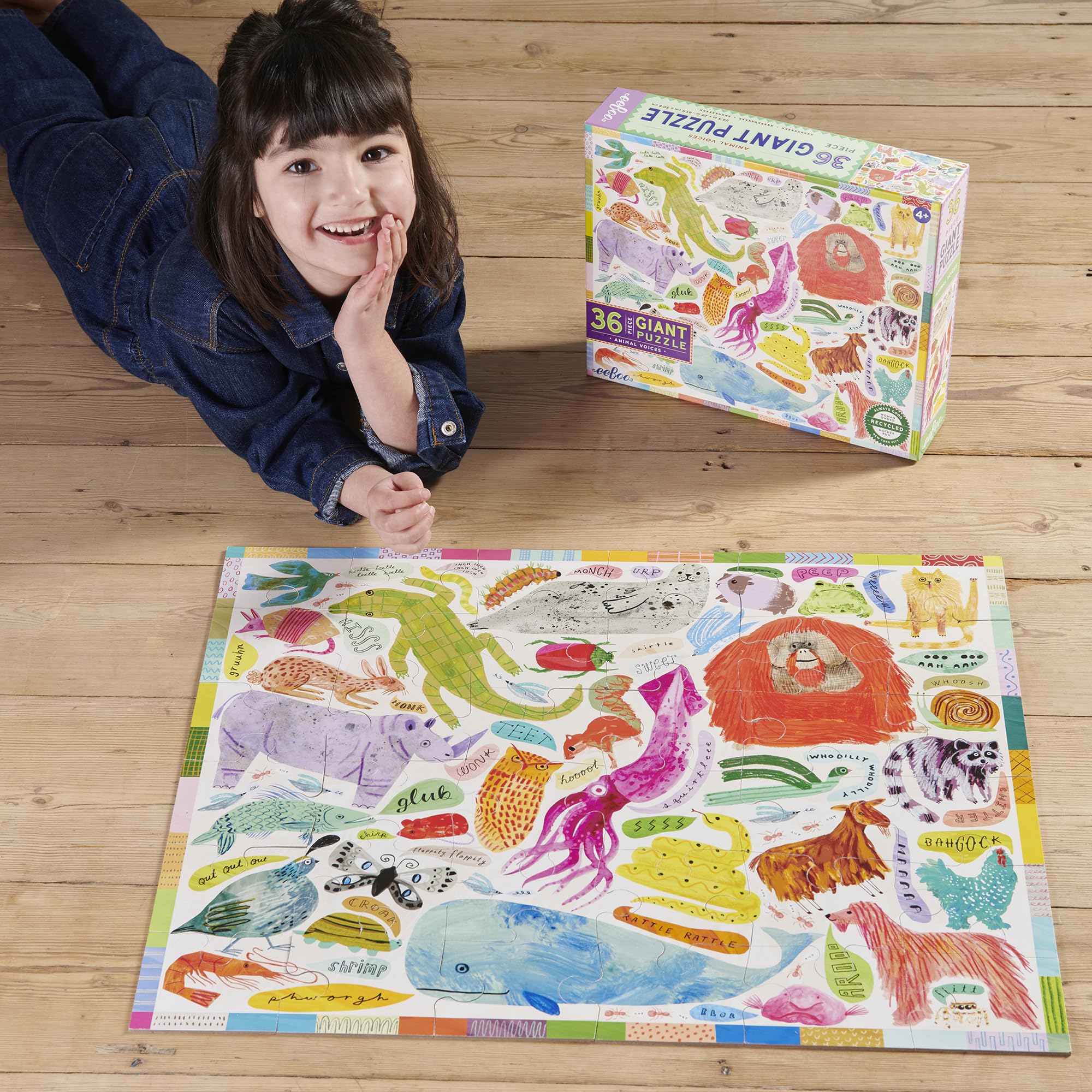 eeBoo: Animal Voices Riesenpuzzle - 36 Teile - 26 x 21 Boden-Puzzle, skurriles Geräusch-Thema, robuste, staublose, übergroße Teile, pädagogisch, Kinder ab 4 Jahren