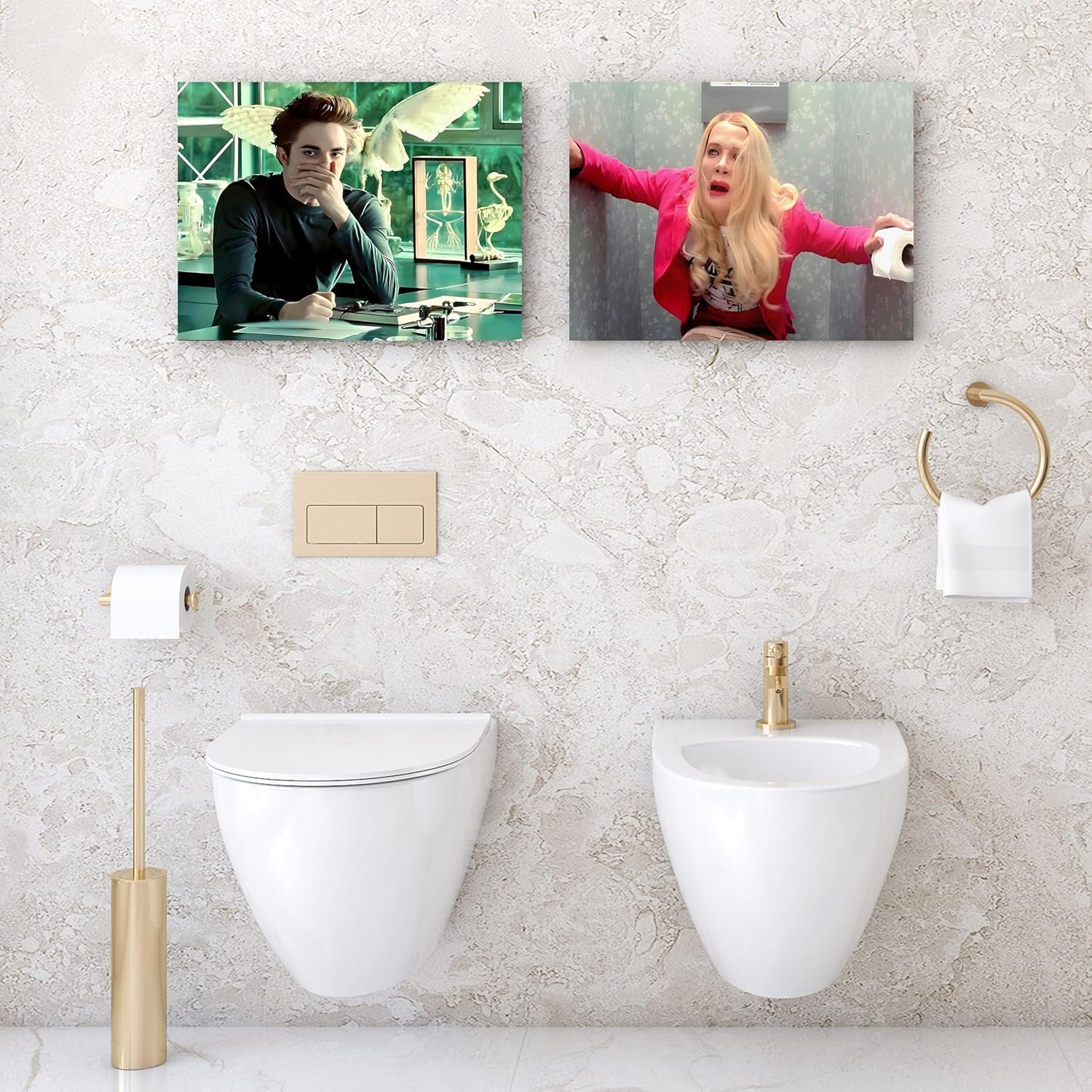 Shrandi Funny Bathroom Framed Canvas Wall Art 2PCS Humor Bathroom Decor White Chicks Comedy Movies Poster Toilet Scene Print Pinching Nose Wall Decor Modern Artwork for Restroom Toliet Dorm 12"x16"