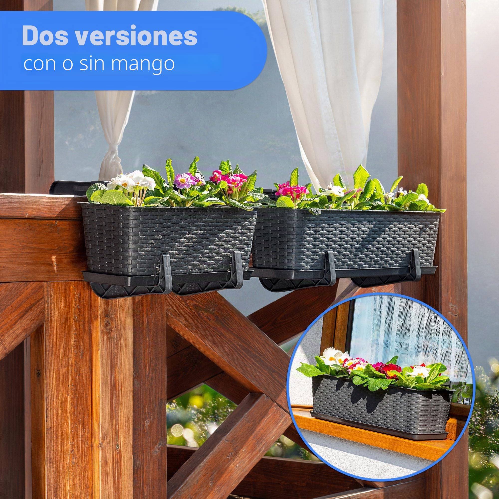 KADAX Maceta de Plástico Imitación Ratán, Macetero Rectangular con Platillo y Soportes para Exterior, Jardinera Colgante para Balcón (Antracita, 60 cm, Aprox. 12L)