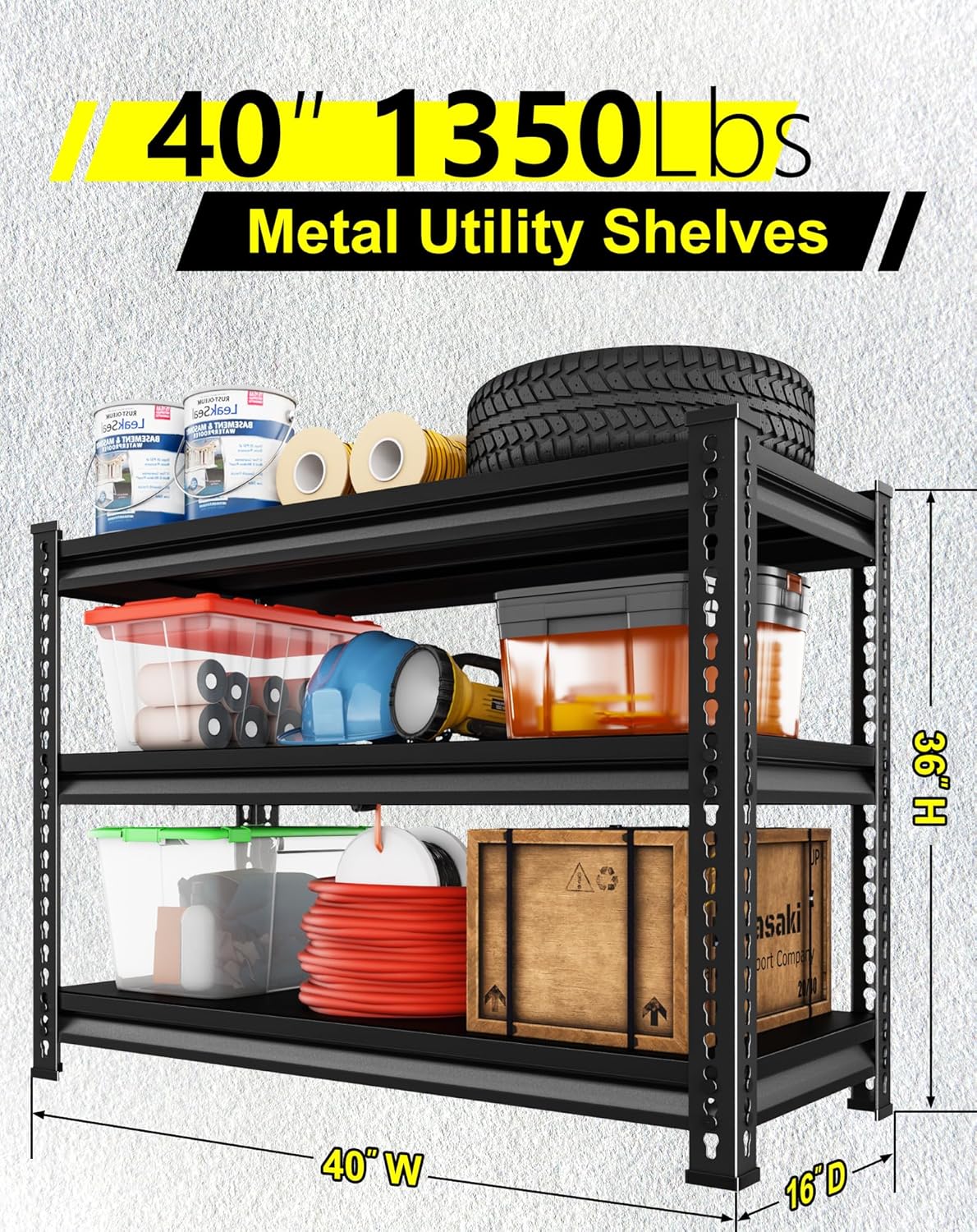 Utility Garage Shelves Heavy Duty - 40'' Wide 1,350Lbs Steel Metal Industrial Storage Shelving Rack Units Adjustable 40" W x 16" D x 36" H 3 Tier Black - Image 3