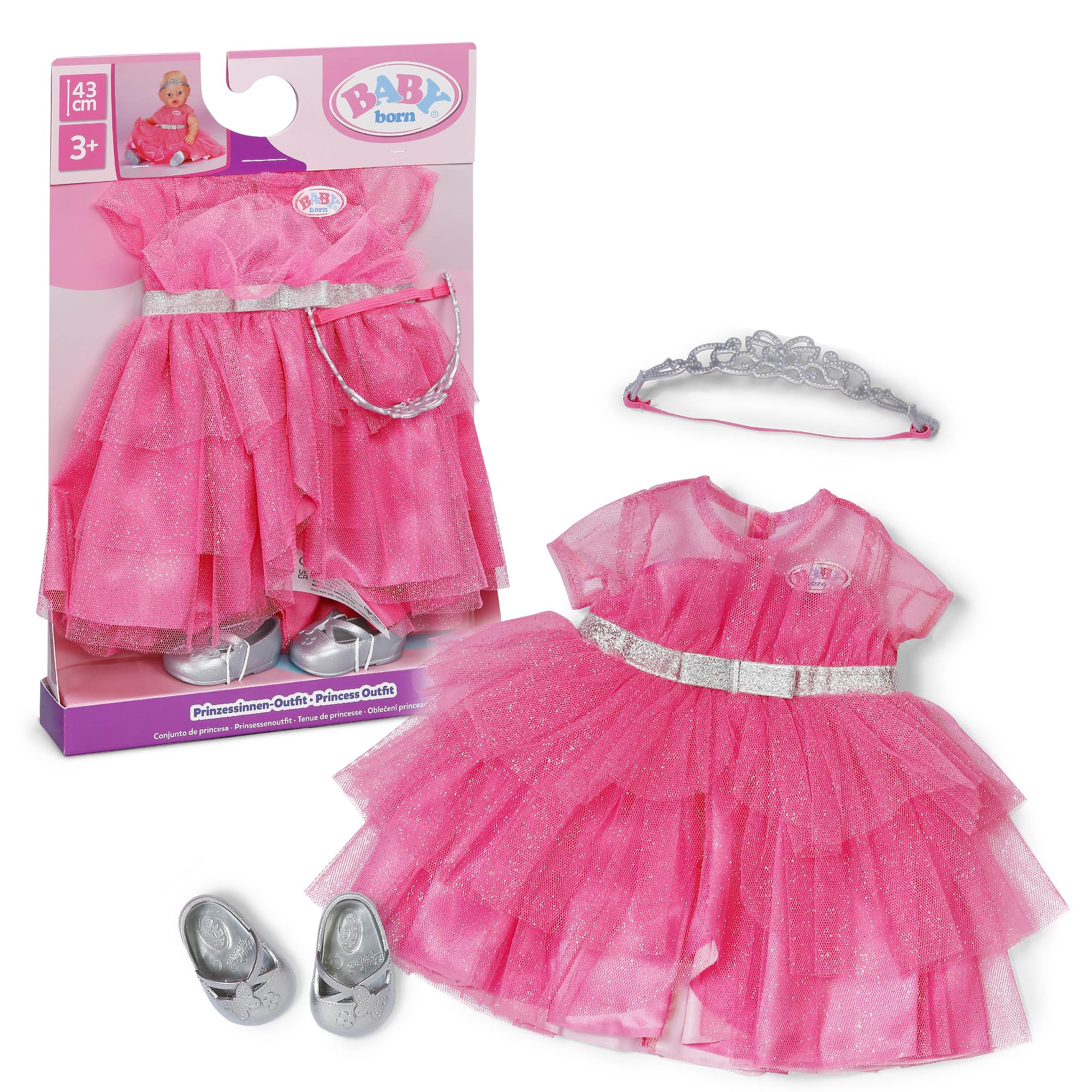 BABY born princess outfit with pink dress, tiara and silver shoes for 43cm dolls